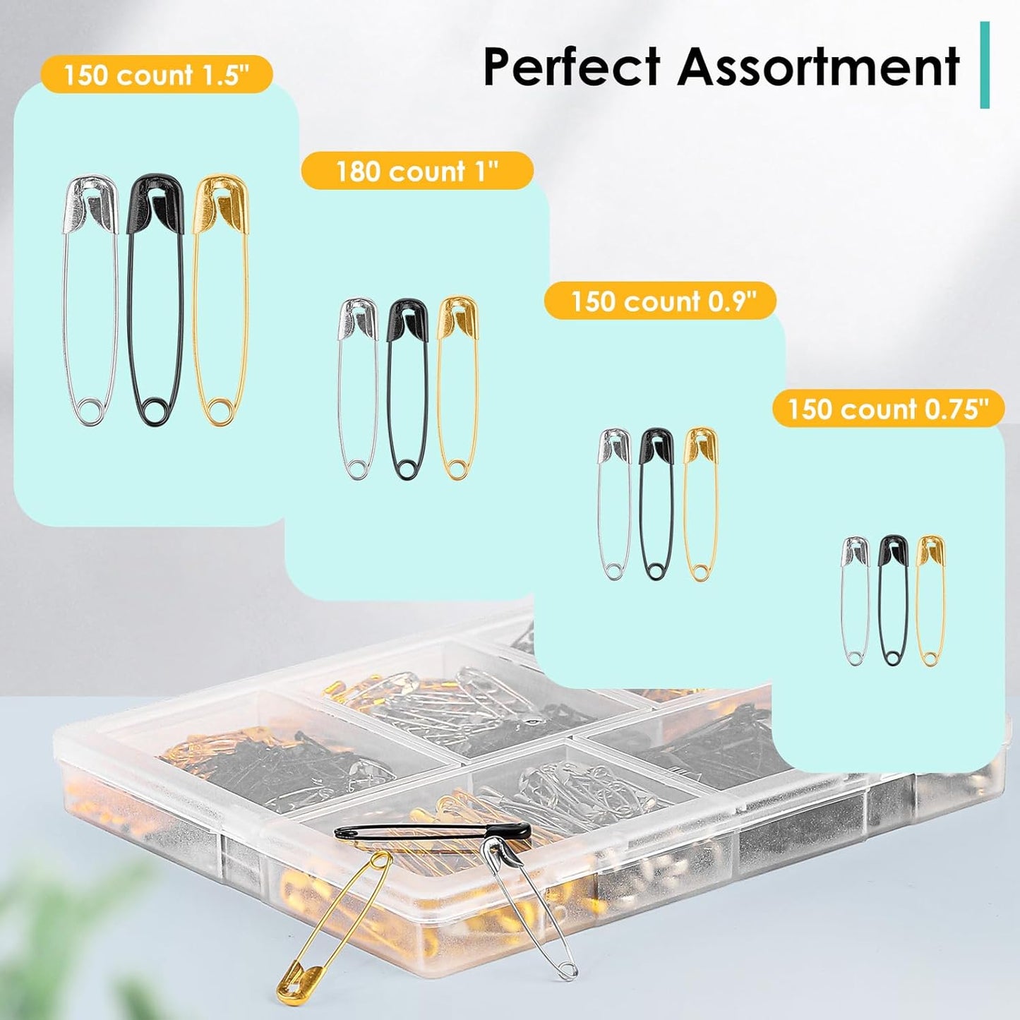 630 Pack Safety Pins Assorted, 5 Different Sizes Small and Large Safety Pin for Clothes Pins Sewing, Nickel Plated Steel, Arts and Crafts Supplies (3 Colors)