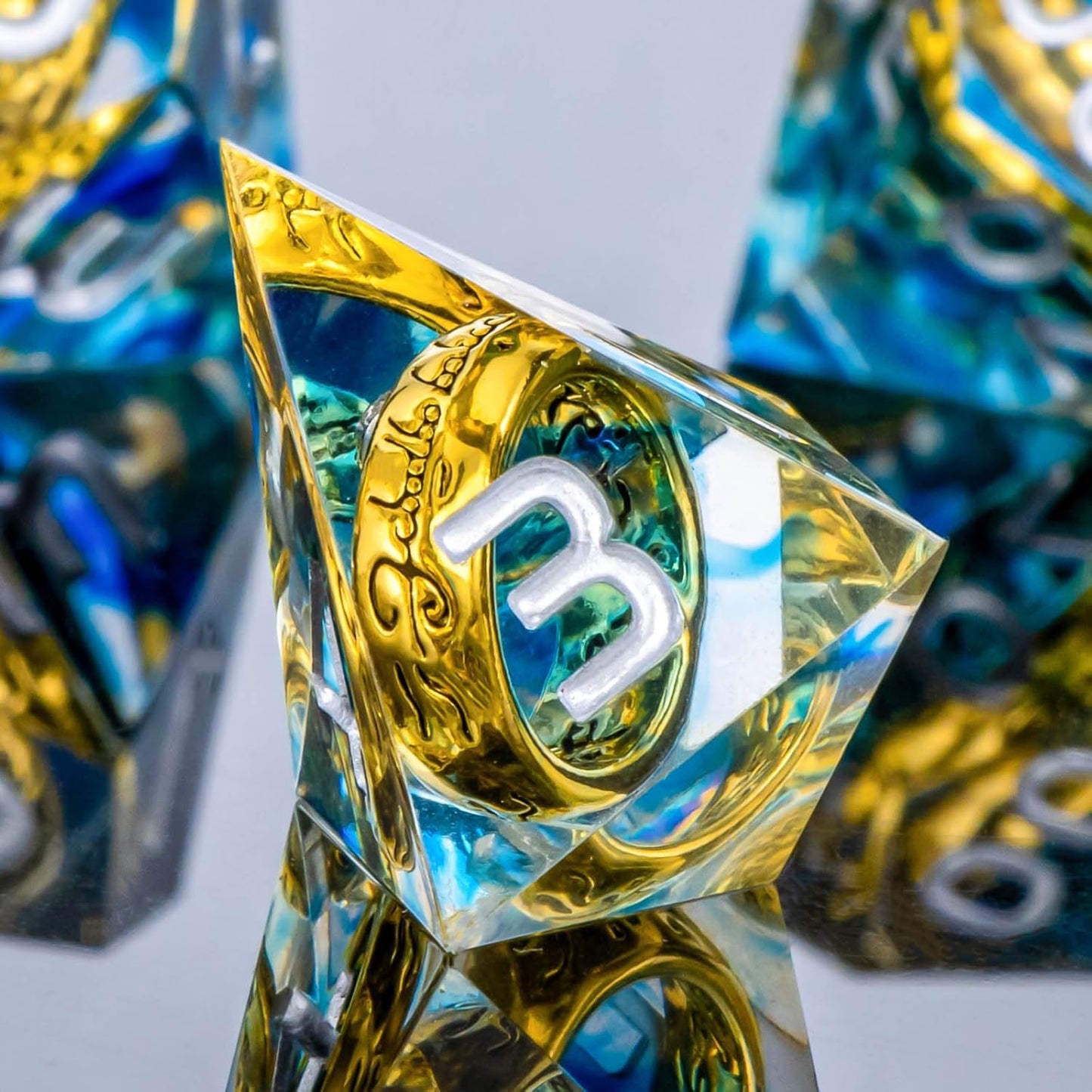 OUKELANWO Magic Lord Rings DND Dice Set with Box, 7Pcs Resin LOTR D&D Dice Set for Role Playing Game, Blue Dungeons Dragons D and D Sharp Edge Dice D20 D12 D10 D8 D6 D4