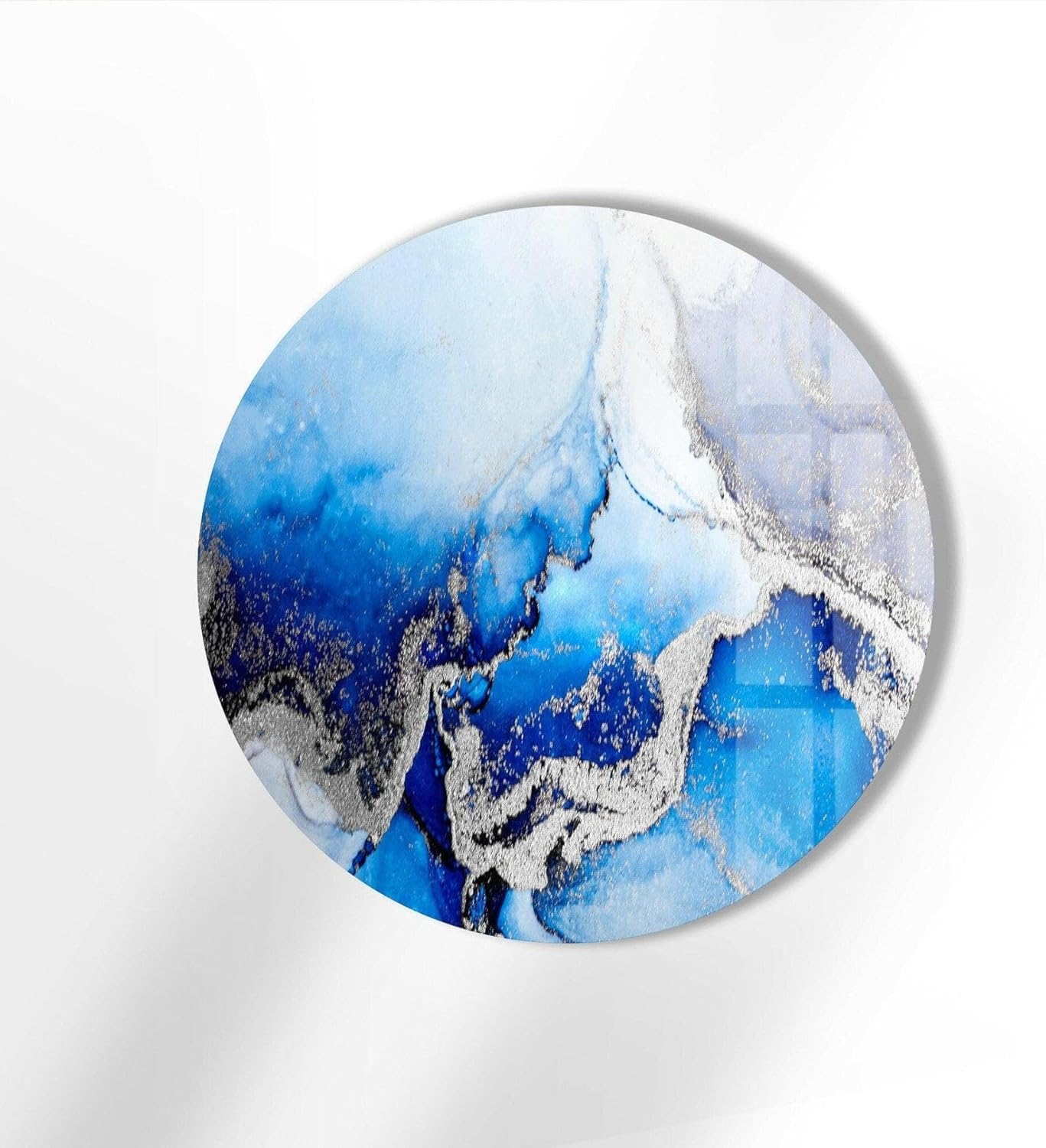 My Photostation.com 39,4''(100cm) Diameter Blue Marble Round with Silver Details Glass Wall Art Tempered Glass Printing Wall Decor Large Wall Art Wall Hangings