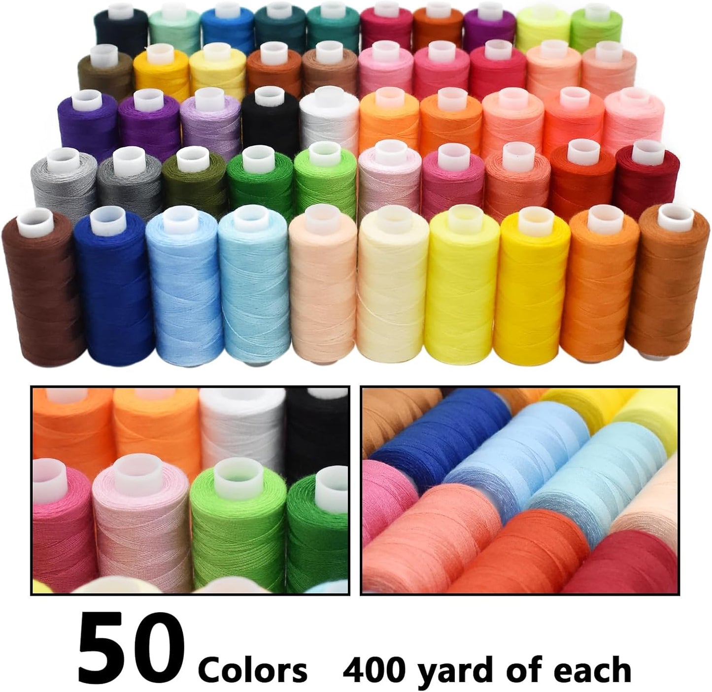 SHRJ 130pcs Sewing Thread kit, 50 Colors Sewing Machine Threads Prewound Bobbins with Bobbin Thread Buddies Storage Needles Assortment, 400 Yards per Spools Polyester Thread