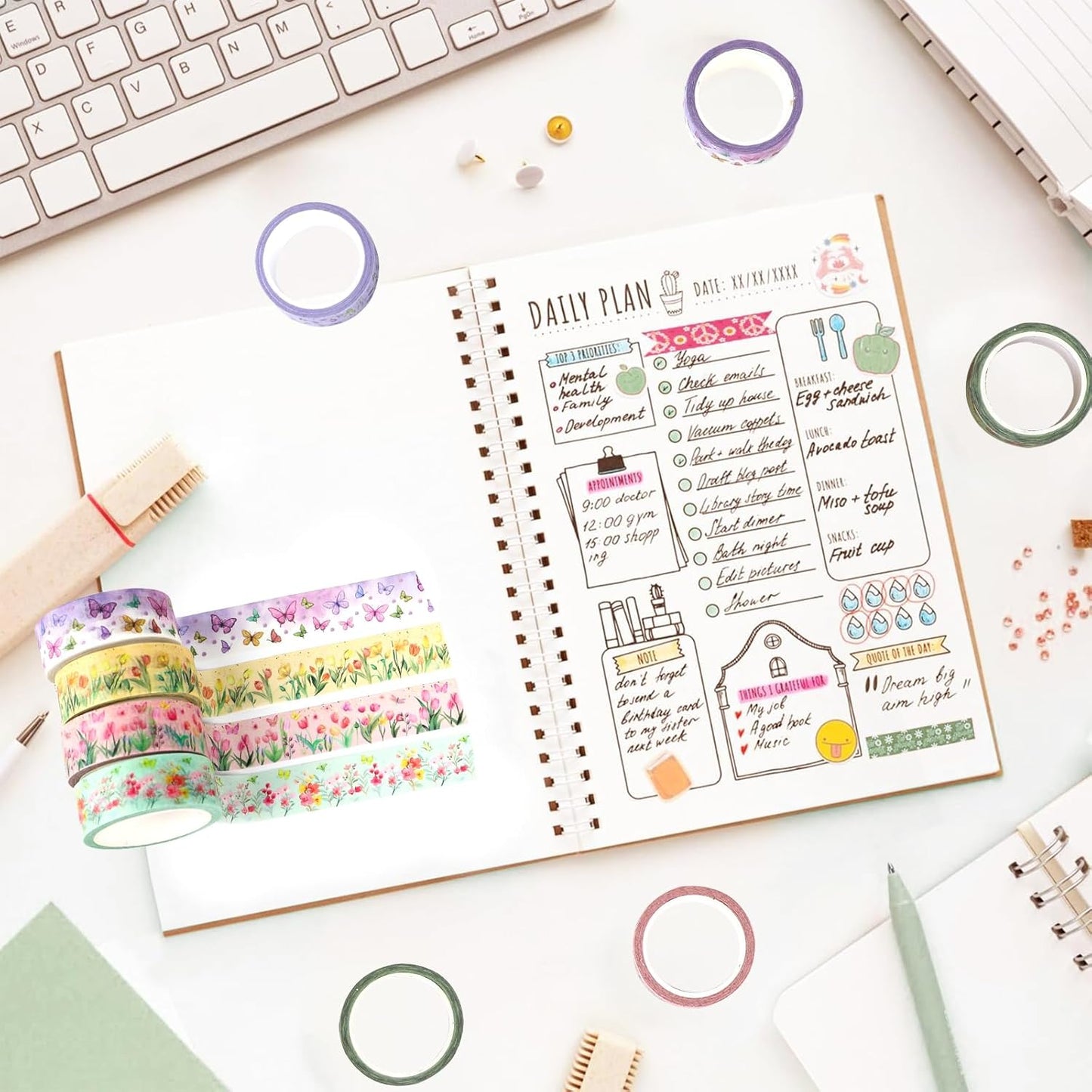 12 Rolls Spring Floral Washi Tape Set, Butterfly Tulip Flower Masking Tapes, Summer Decorative Paper Tape for Scrapbooking Journaling DIY Crafts Gift Packaging 16.4FT