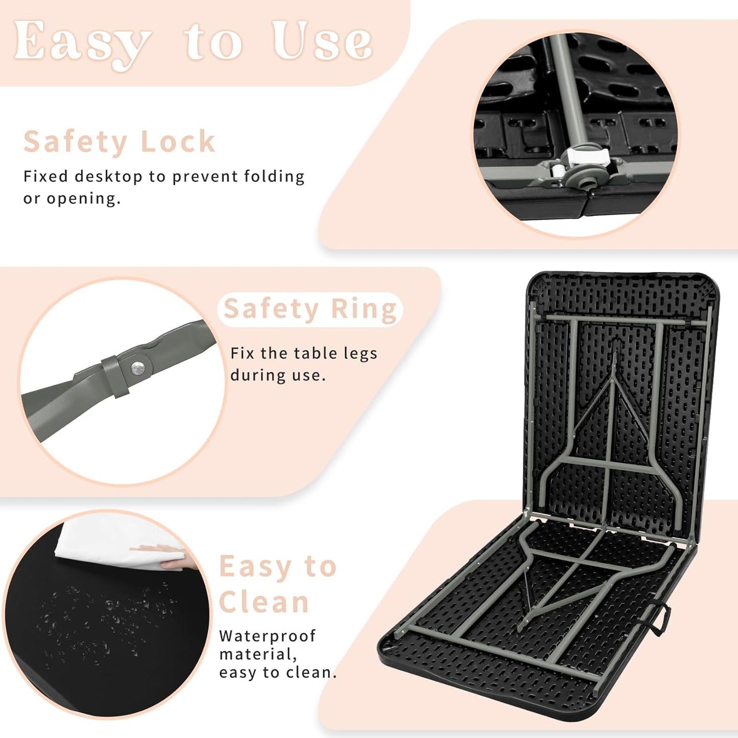 Folding Table 6 FT Camping Table Portable Plastic Rectangular Outdoor Dining Table Steel Legs Fold-in-Half with Carrying Handle for Indoor,Picnic,Party,Wedding,Events(Black)