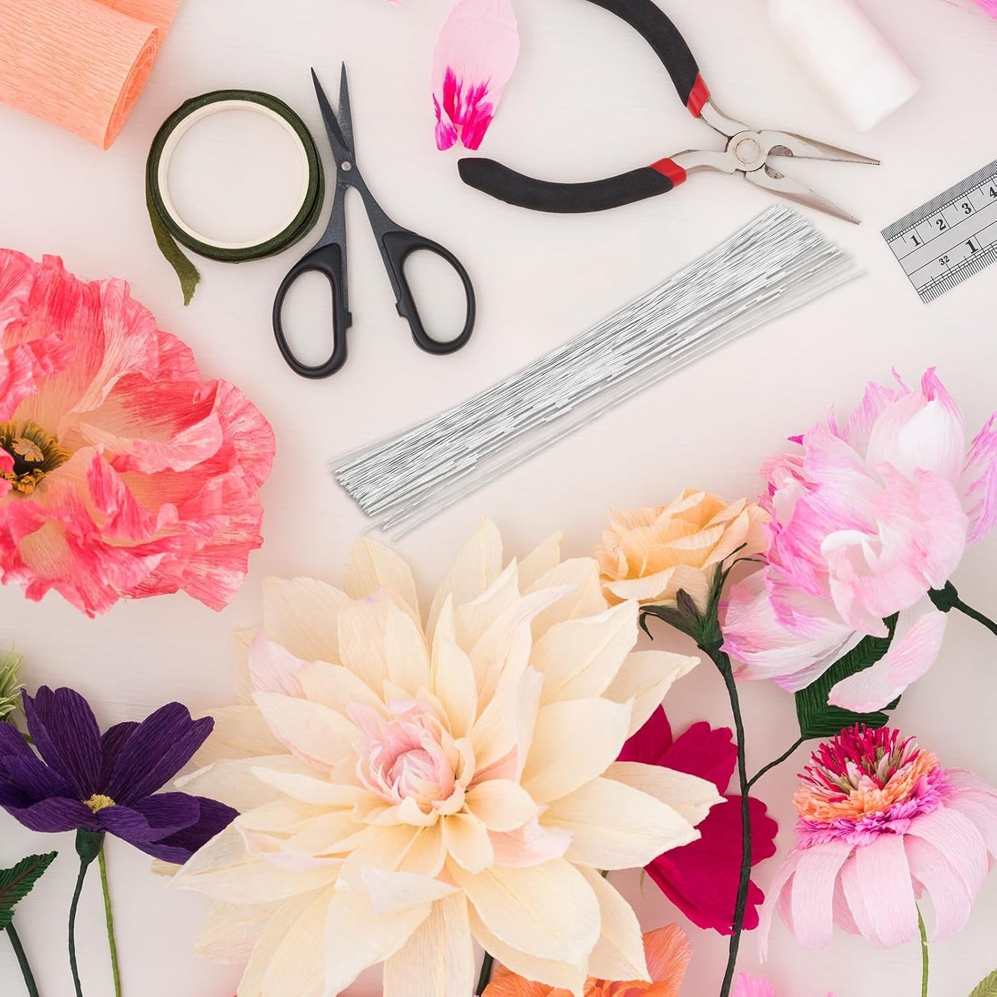 PATIKIL 22 Gauge 16" Floral Stem Wire, 100 Pcs Paper Wrapped Iron Artificial Flower Stem Accessories for DIY Bouquet Stem and Craft Decoration, White