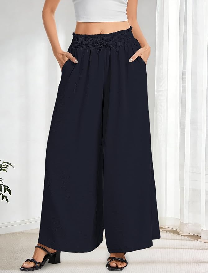 Women’s Wide Leg Pants Drawstring Elastic Waist Casual Trousers Lightweight Loose Lounge Pants with Pockets