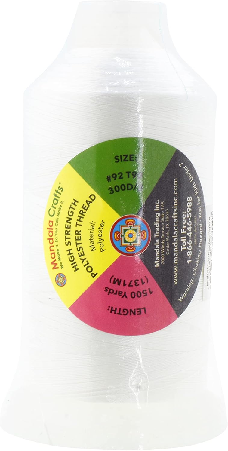 Mandala Crafts White Heavy Duty Thread -1500 Yds Tex 90 Thread for Sewing Drapery Jeans Leather Hair - Bonded Polyester Thread Outdoor Marine Upholstery Threads