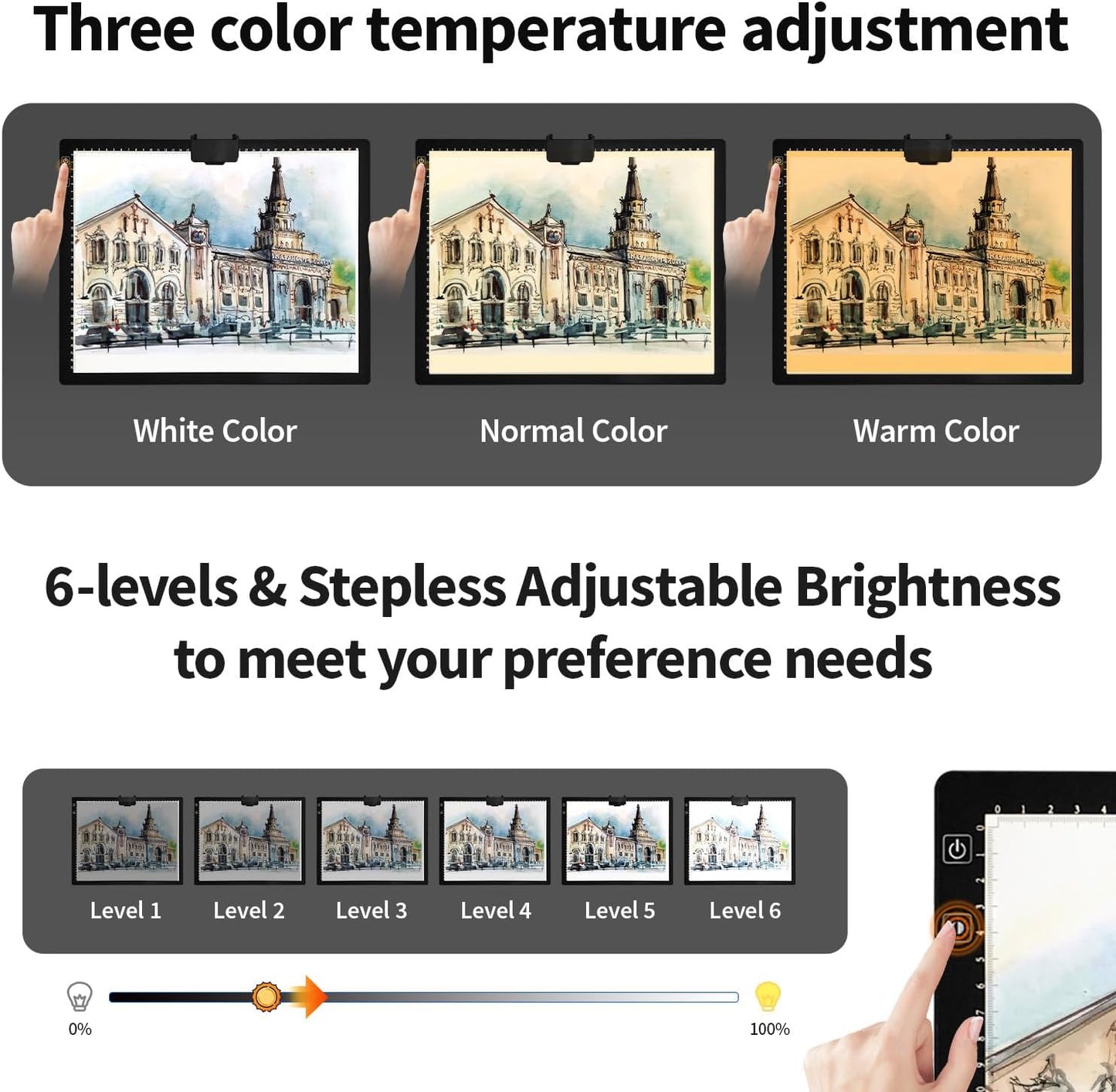Rechargeable A3 Light Pad for Diamond Painting,Tracing Light Box with Stand and Clip,3 Colors Stepless Dimmable and 6 Levels of Brightness Light Board for Artists,Drawing,Sketching,Animation