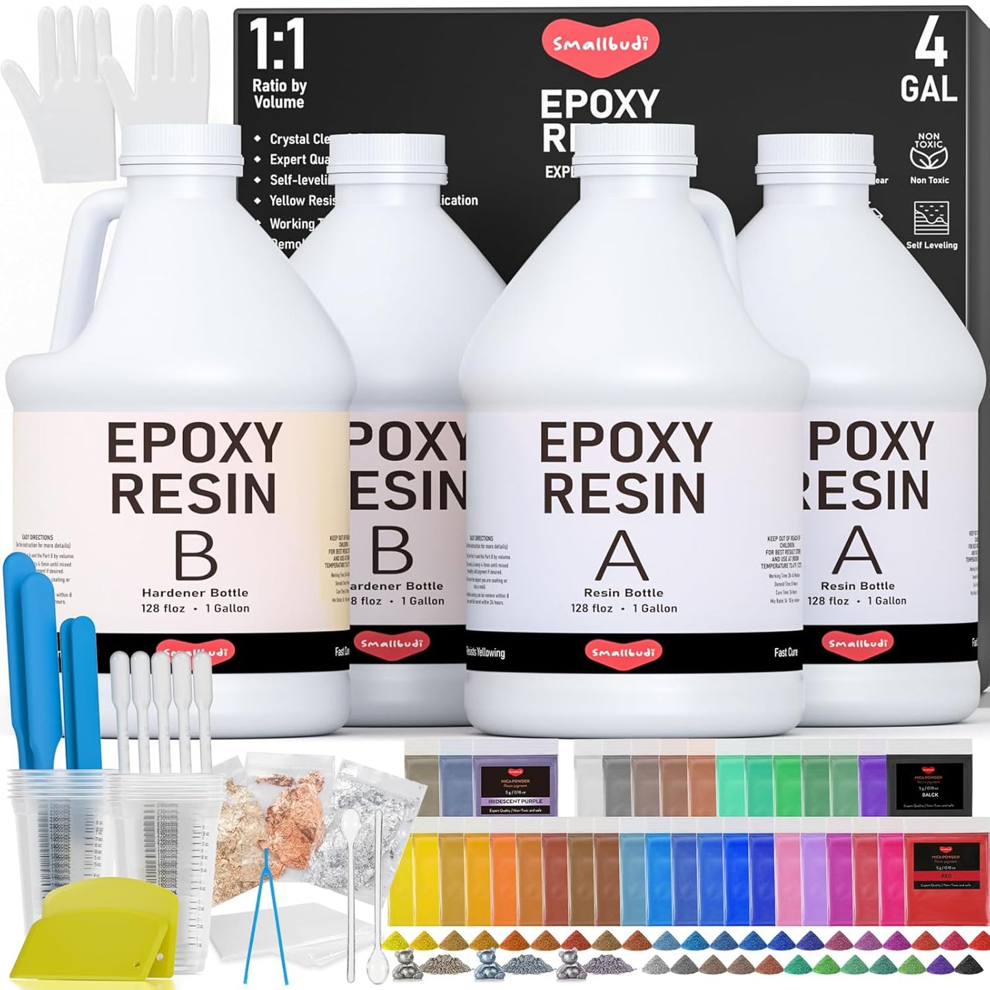 4 Gallon Epoxy Resin Kit with Mica Powder, Gold Foil, Cups & Stick, Crystal Clear Resin Beginner Supplies for Coating Casting Table, Molds, Jewelry Making, DIY Art Craft, 1:1 Ratio