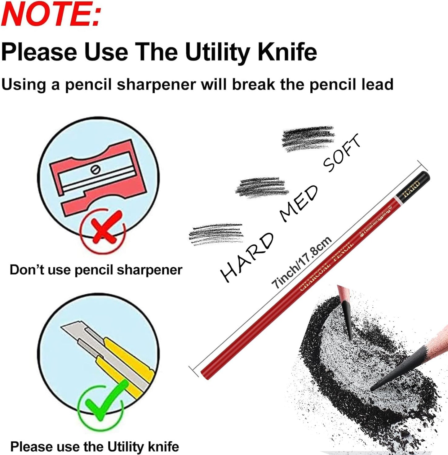 Heshengping Professional Charcoal Pencils Drawing Set Sketching Kit -6 Pieces Soft, Medium Hard Charcoal Pencils for Drawing Sketching Shading Artist Pencils for Beginners Artists