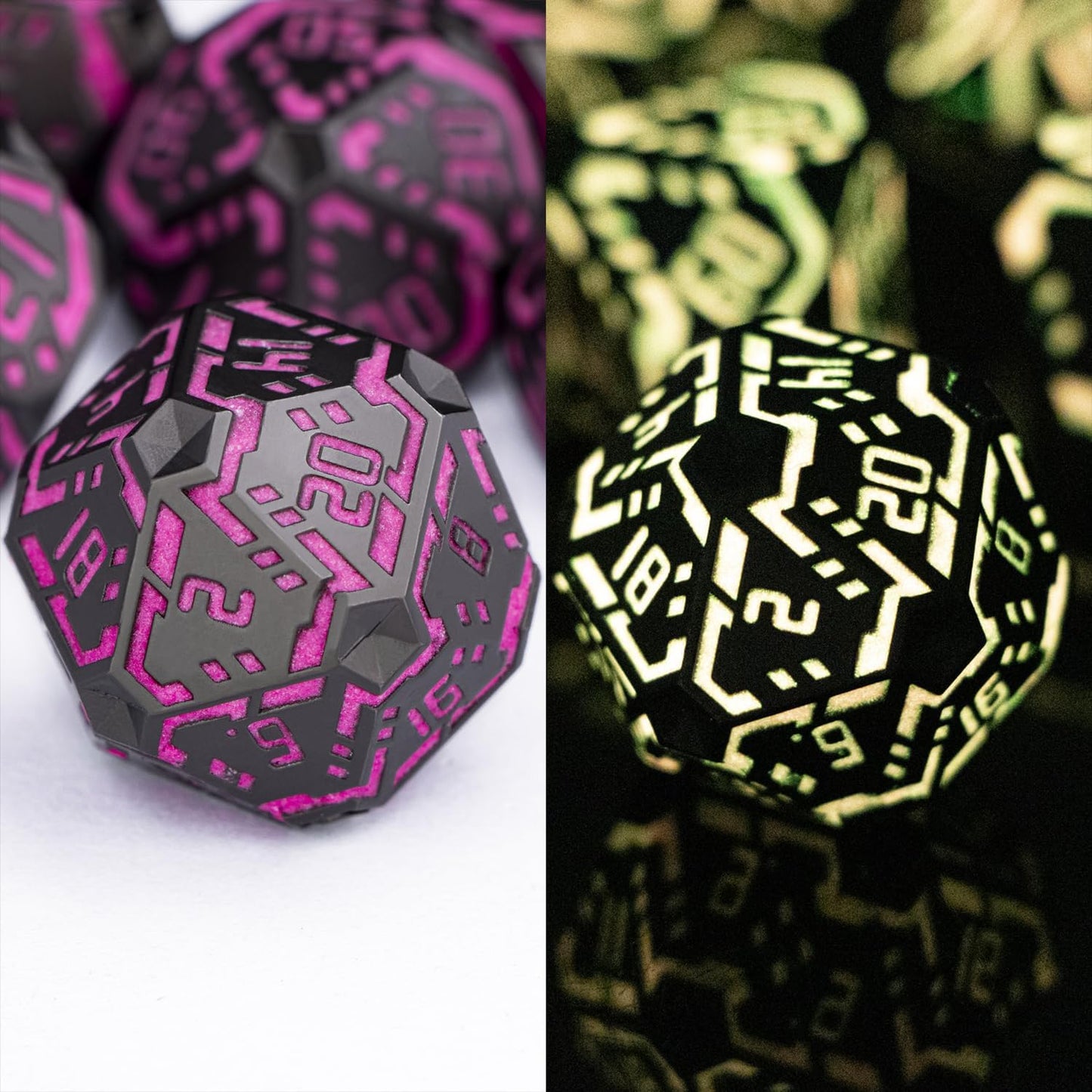 Metal DND Sci-fi Dice Set 7PCS Luminous Pink Stripe Polyhedral Dice for Dungeons Dragons RPG Role Playing Game, Glitter D and D Dice with Gift Box D6 D8 D10 D12 D20