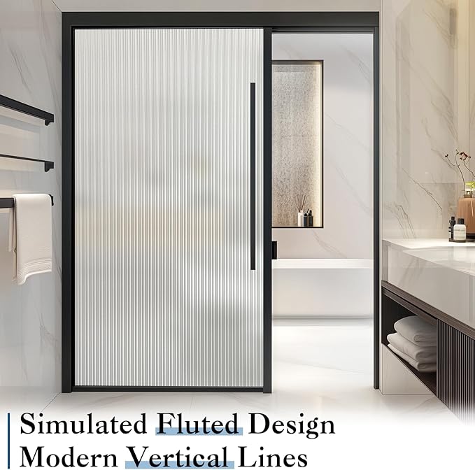 Haton Reeded Glass Window Privacy Film, Frosted Glass Window Film, Static Cling UV Blocking Stickers, Decorative Removable Cover for Bathroom Door Office, Non Adhesive 17.5" x 78.7"
