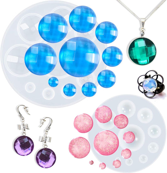 Mini Dome Cabochon Gemstone Pastry Silicone Mold for Cake Decoration, Cupcake Topper, Polymer Clay, Crafting, Resin Epoxy, Jewelry Making 2 Bundle Circle and Faceted, 20-Cavity