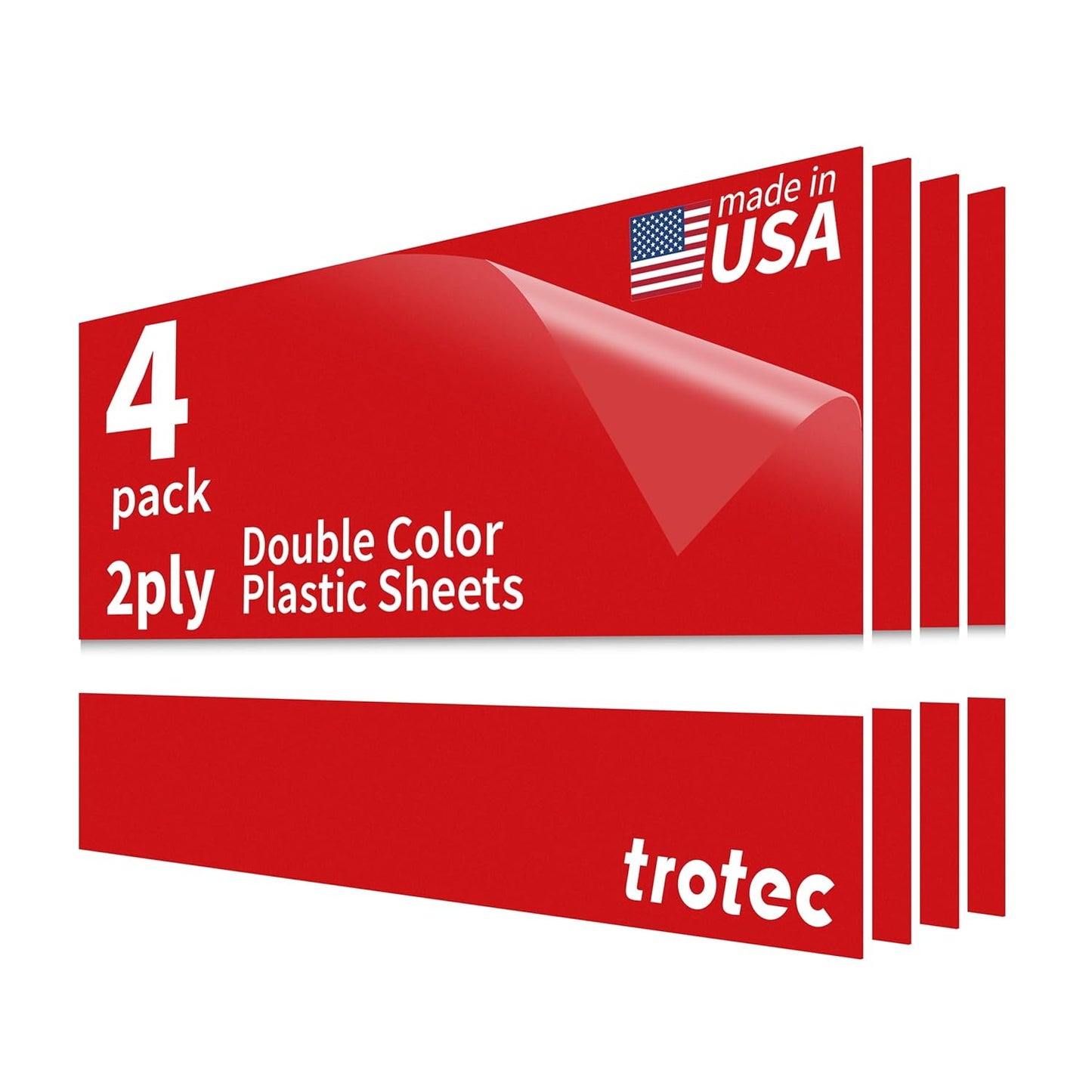 Trotec TroLase | 12"x24"x1/16", 4 Pcs | Red/White | 2 Ply | Modified Acrylic | Laser Engraving Double Color Plastic Sheet | Engraving Blanks for Laser, Saw, Guillotine | Made in USA