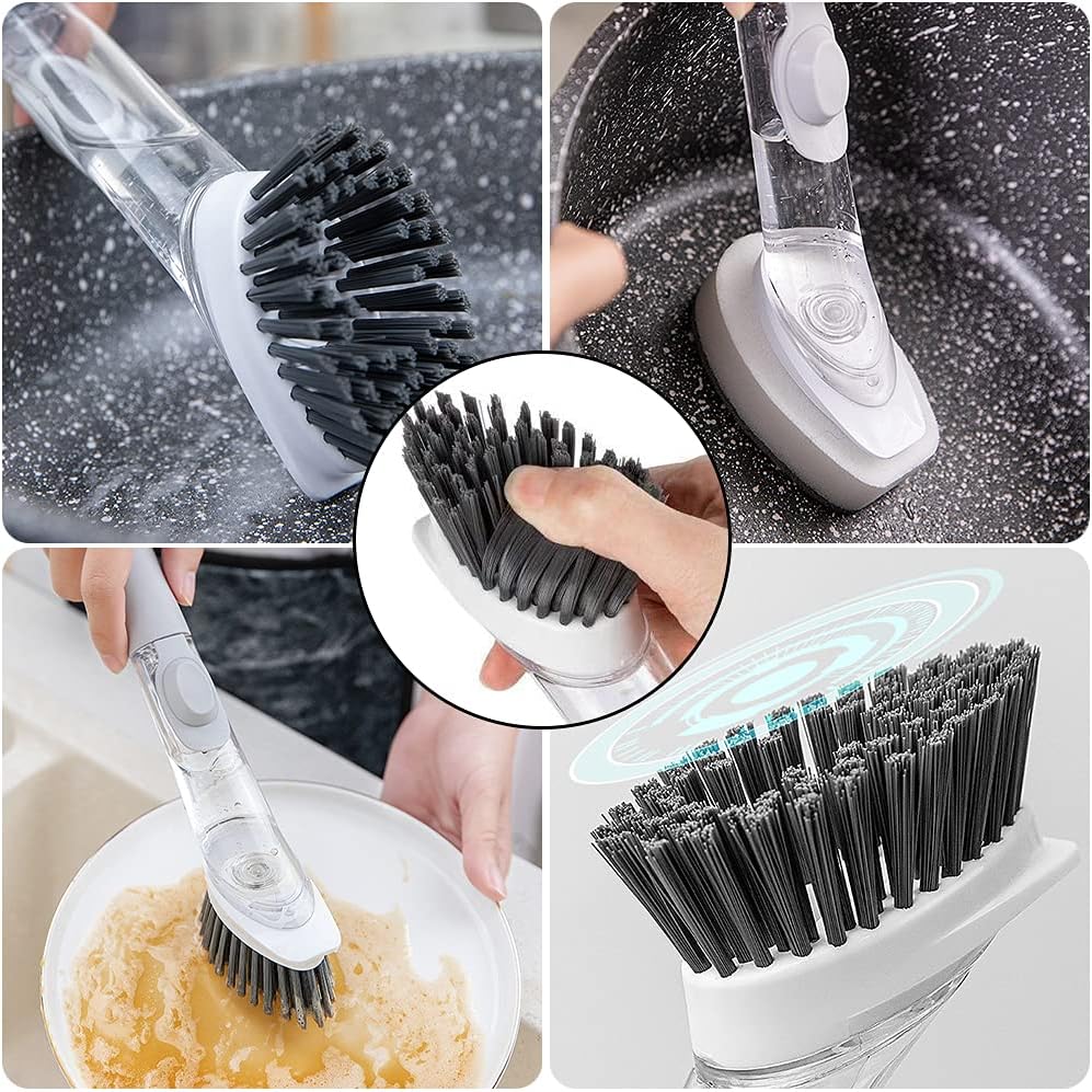 Soap Dispensing Dish Brush with 4 Replaceable Heads, Updated No Leaking Soap Dish Scrubber Soap Dispenser, Kitchen Dish Brush with Soap Dispenser for Pot Pan Sink Cleaning(Light Gray)