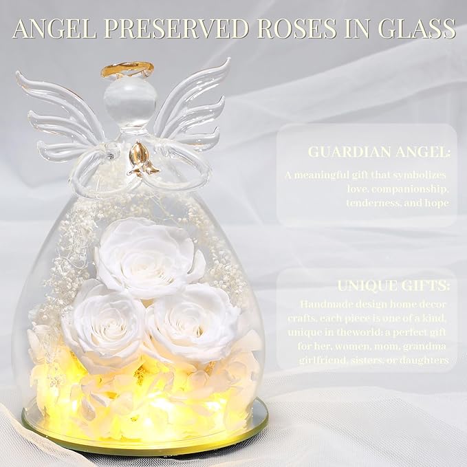 Beferr Valentines Day Rose Gifts for Her Women Mom Gifts for Birthday, Fresh Flowers for Delivery Forever Preserved Rose in Glass Angel Figurine, for Grandma Wife Daughter Girlfriend