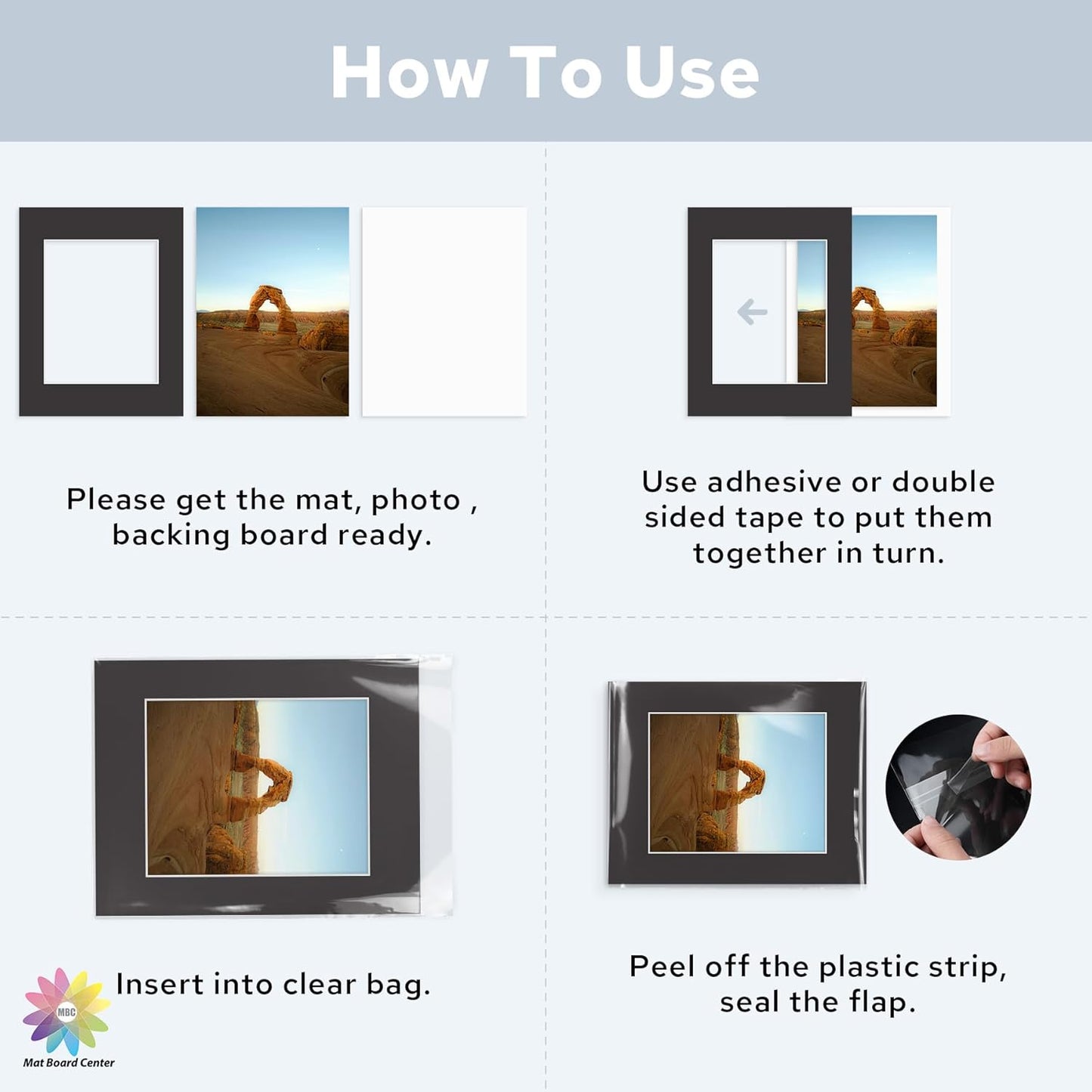 Mat Board Center, Pack of 50, 11x14 for 8x10 Black Mat Kit - Acid Free, 4-ply Thickness, White Core - Includes Backing Boards and Clear Bags - for Pictures, Photos, Framing