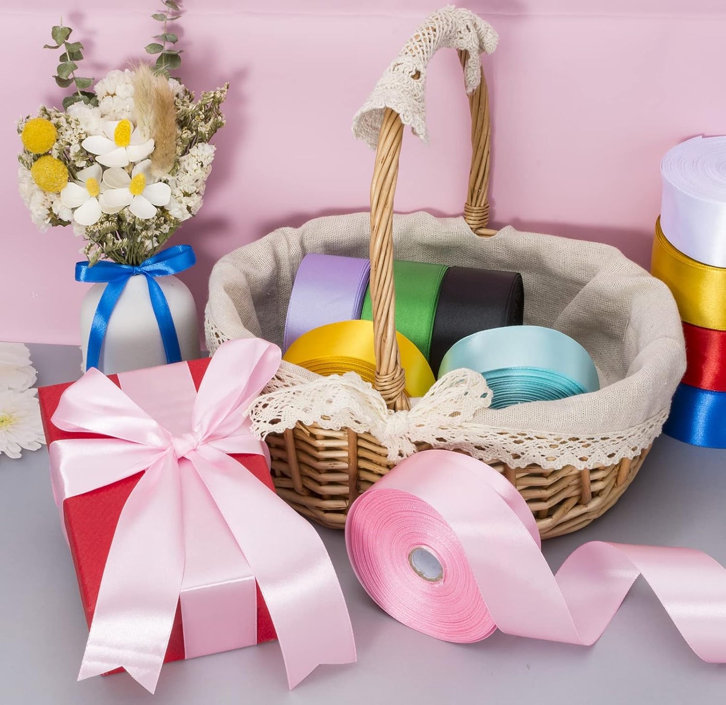 1 1/2 Inch Pink Solid Satin Ribbon, 50 Yards Craft Fabric Ribbon for Gift Wrapping Floral Bouquets Wedding Party Decoration