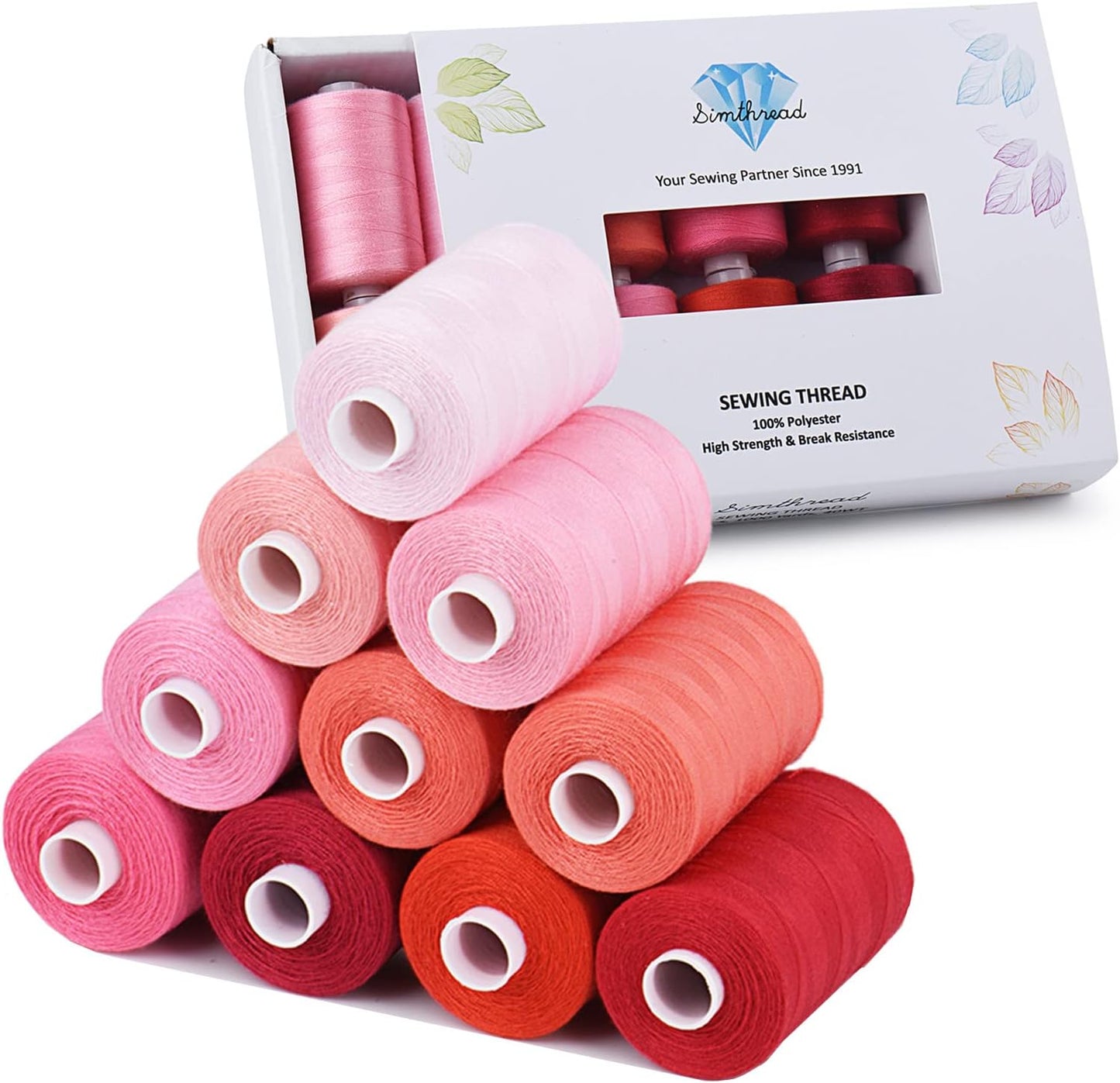 Simthread All Purpose Sewing Thread, 10 Spool Assorted Red Series 1000 Yards Each Bobbin Polyester Thread for Sewing, Handy Polyester Sewing Threads for Sewing Machine - (Red Series)