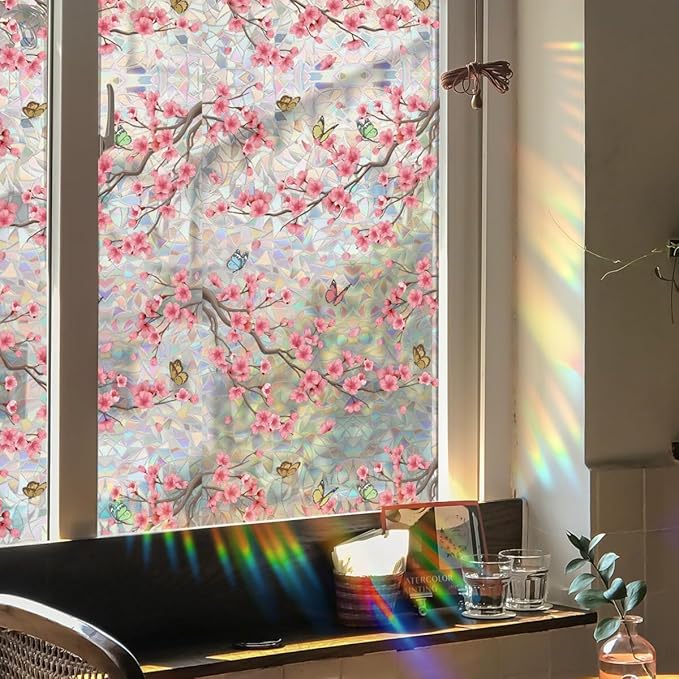 Runtoo Window Privacy Film Rainbow Cherry Blossom Flower Window Clings 3D Decorative Vinyl Stained Glass Butterfly Floral Decals Static Sticker Non-Adhesive, 15.75 x 79 inches