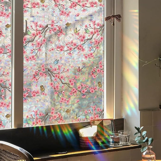 Runtoo Window Privacy Film Rainbow Cherry Blossom Flower Window Clings 3D Decorative Vinyl Stained Glass Butterfly Floral Decals Static Sticker Non-Adhesive, 15.75 x 79 inches