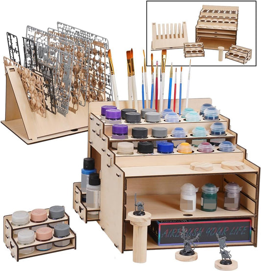 Model Paint Holder with Adjustable Storage, Wooden Miniature Model Paints Organizer for 36 Paint Holes and 36 Holes of Painting Brushes wtih Model Pieces Shelf