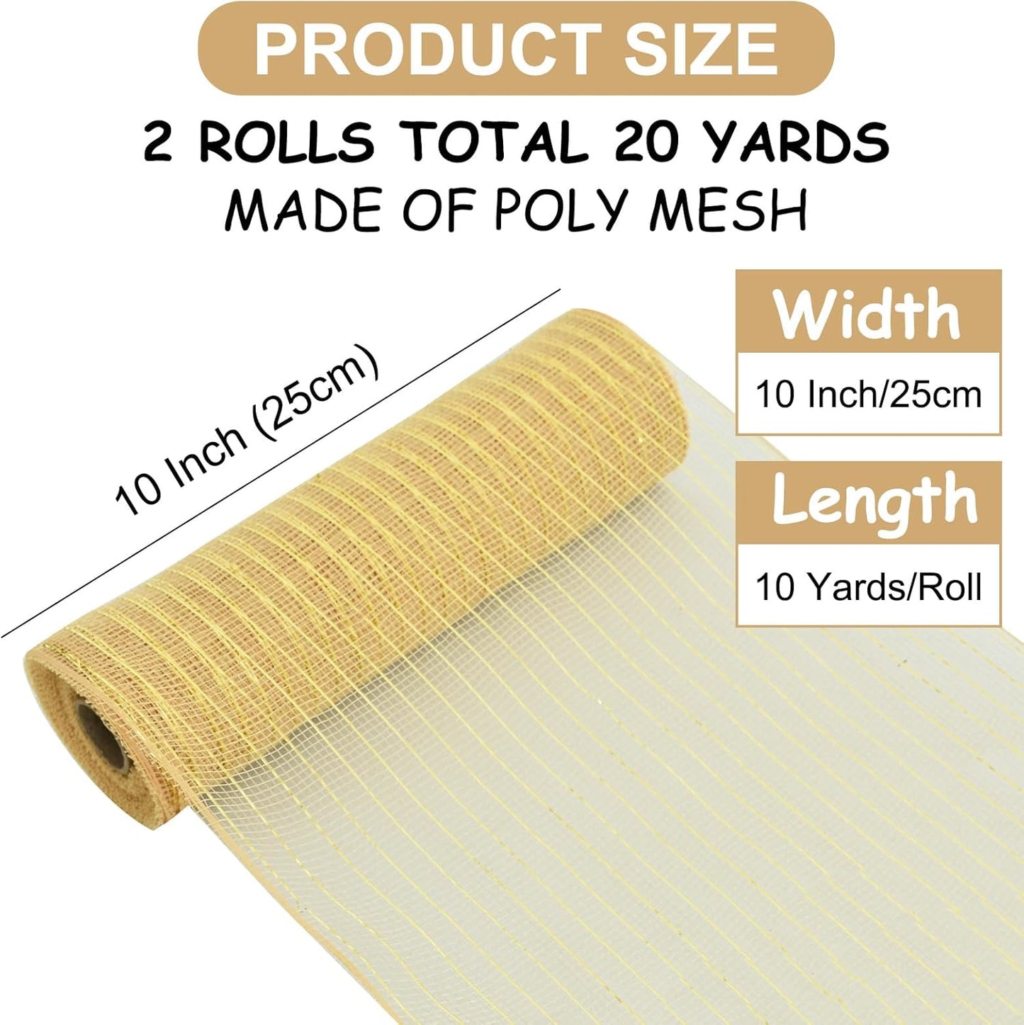TONIFUL 2 Rolls 10 Inch Khaki Decorative Mesh Ribbbon Rolls, Fabric Mesh with Foil for Wreath Supplies, Front Door Wreath Crafts Tree Decor Christmas NewYears Halloween Decoration (10 yds/roll)