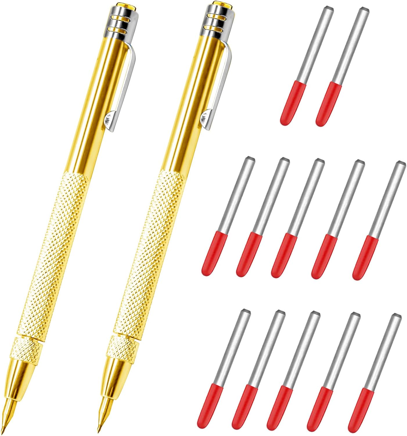 2 Pcs Tungsten Carbide Tip Scriber With 12 Replacement Marking Tip, Aluminium Magnet Carbide Scribe Tool etching Scribe Pen With Clip, Metal Engraving Pen for Glass / Ceramics / Hardened Steel(Gold)