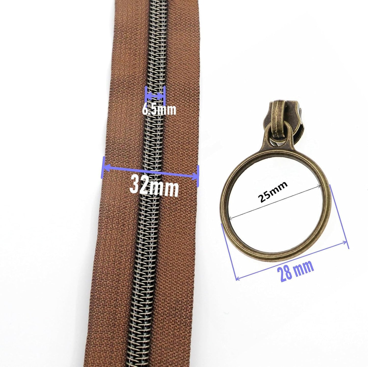 Leekayer #5 Antique Brass Metallic Nylon Coil Zippers by The Yard Bulk 10 Yards with Ring Pulls(Brown Tape with 25pcs Brass Sliders for DIY Sewing Tailor Craft Bag(Brown)