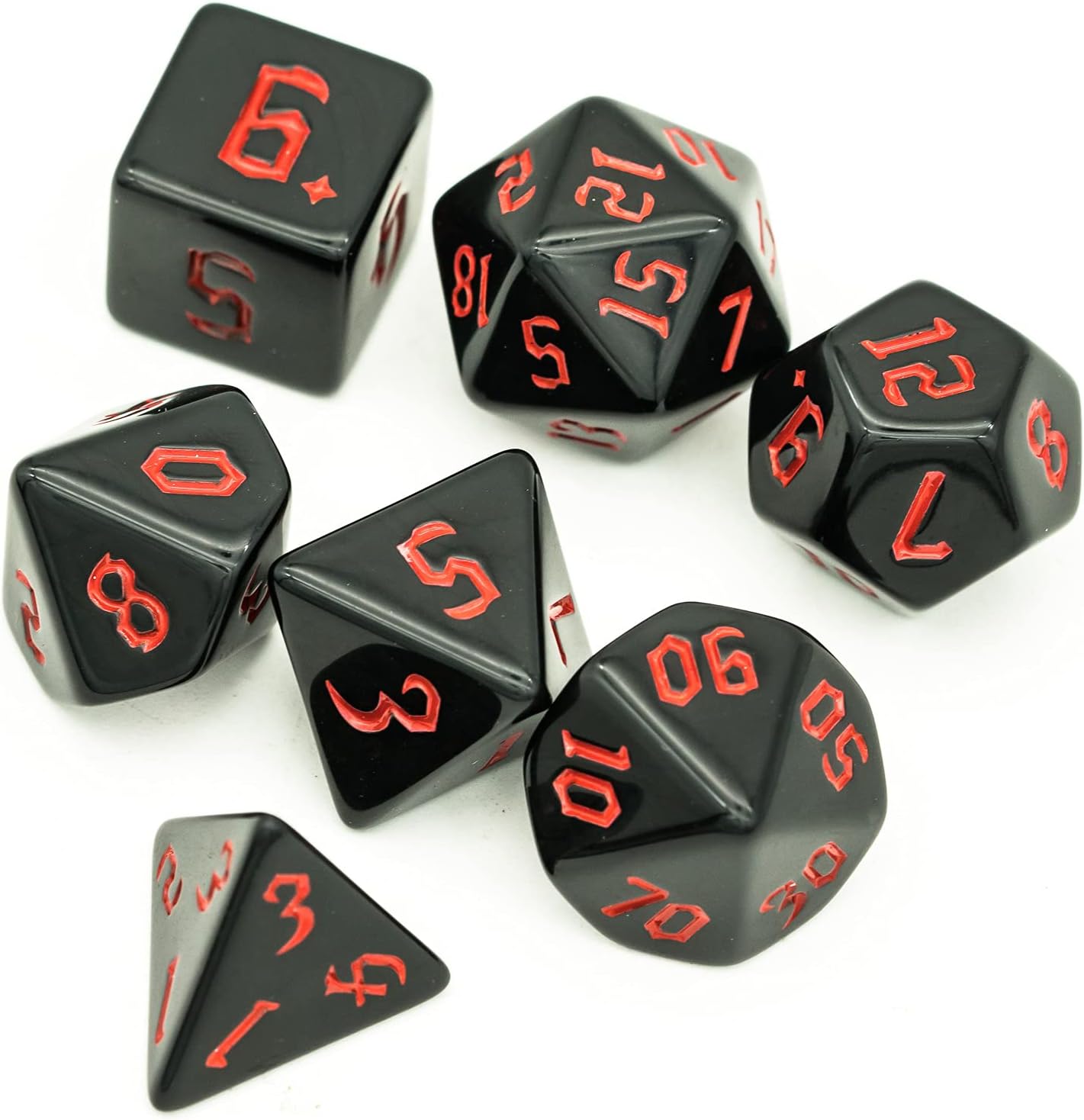 7-Die Polyhedral DND Dice Set, Black D&D Dice with Leather Pouch for Role Playing Games, Black with Red Number, D4 D6 D8 D10 D12 D20 D%
