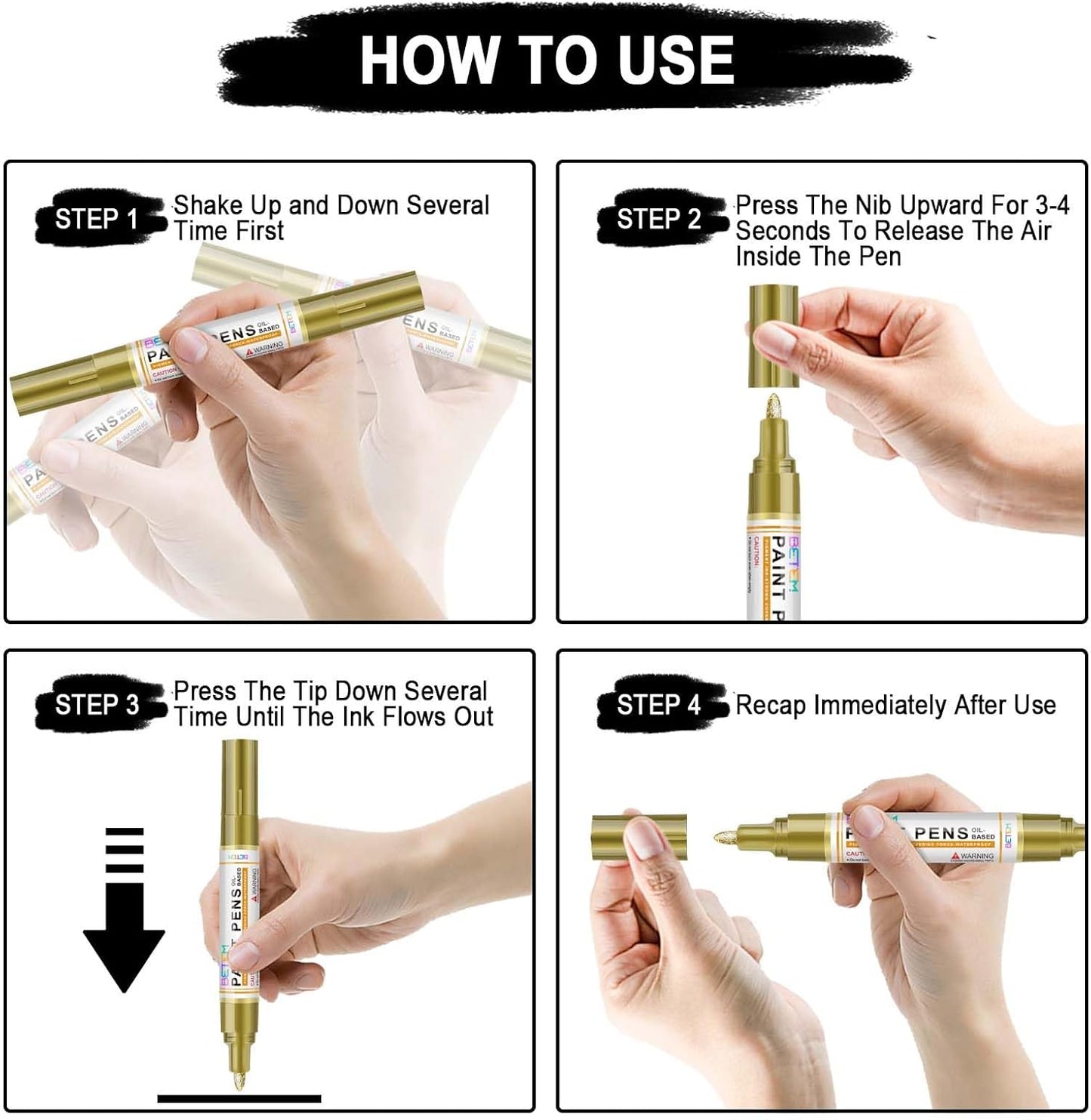 Betem Oil Based Paint Markers, Dual Tip Paint Pens(0.7mm & 3mm), Gold Silver Permanent Paint Marker Pen, Waterproof, Quick Dry, for Fabric, Rock Painting, Wood, Plastic, Metal, Canvas (2Gold2Silver)