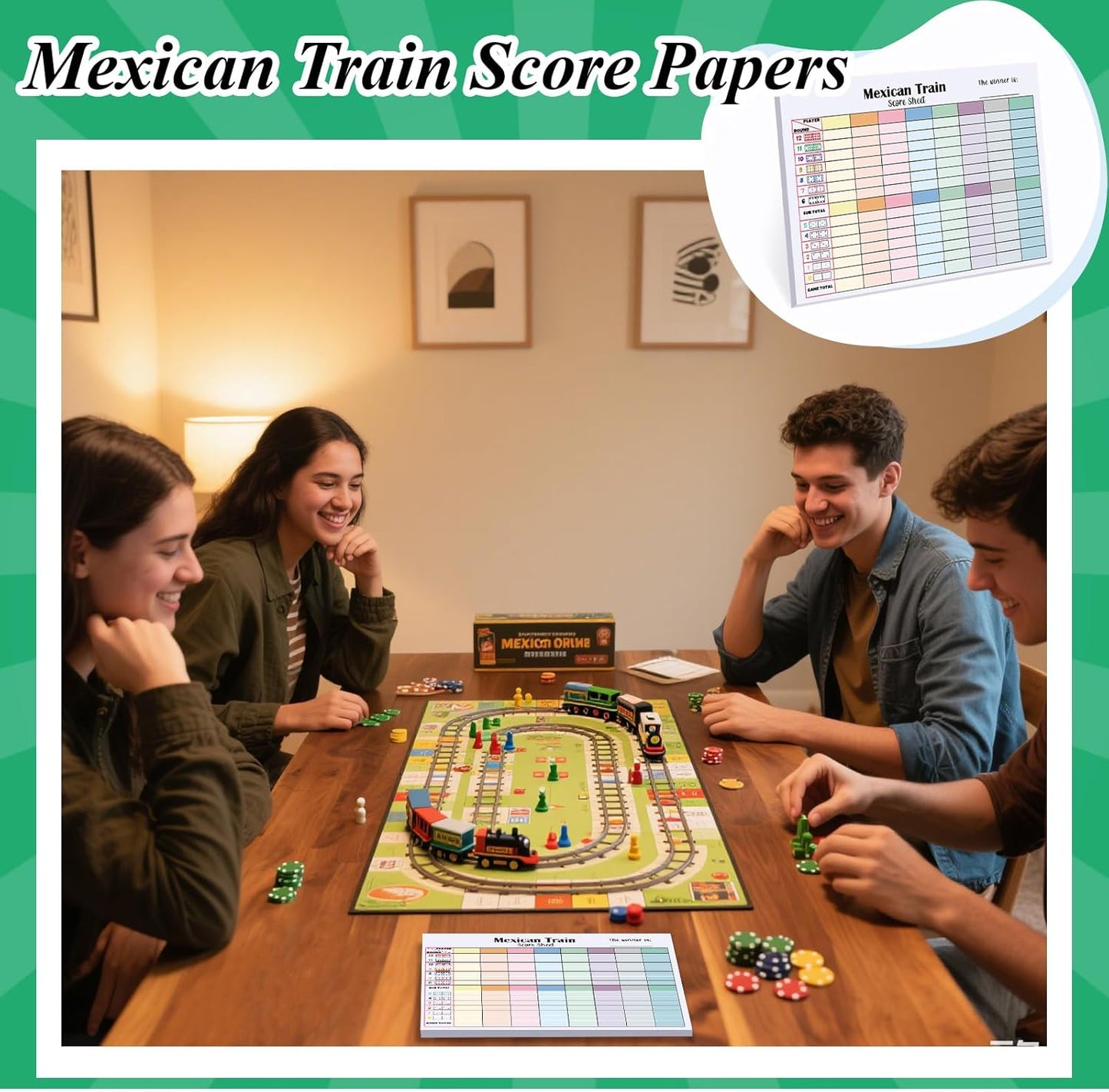 2 Pack 120 Sheets Mexican Train Score Pads Colorful Chicken Foot Dominoes Game Scorepad Adult Mexican Train Score Sheet Scoreboard Paper Record Clearly for Family Game (6.7 x 5 Inches)