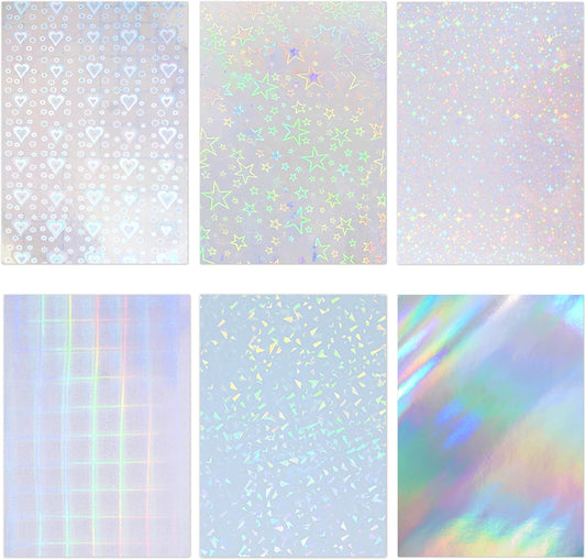 36 Sheets Holographic Sticker Paper,Holographic Laminate Sheets,A4 Size Clear Vinyl Sticker Sheets Self-Adhesive Rainbow Overlay Sheets with 6 Styles Mixed,11.7 x 8.3 Inches