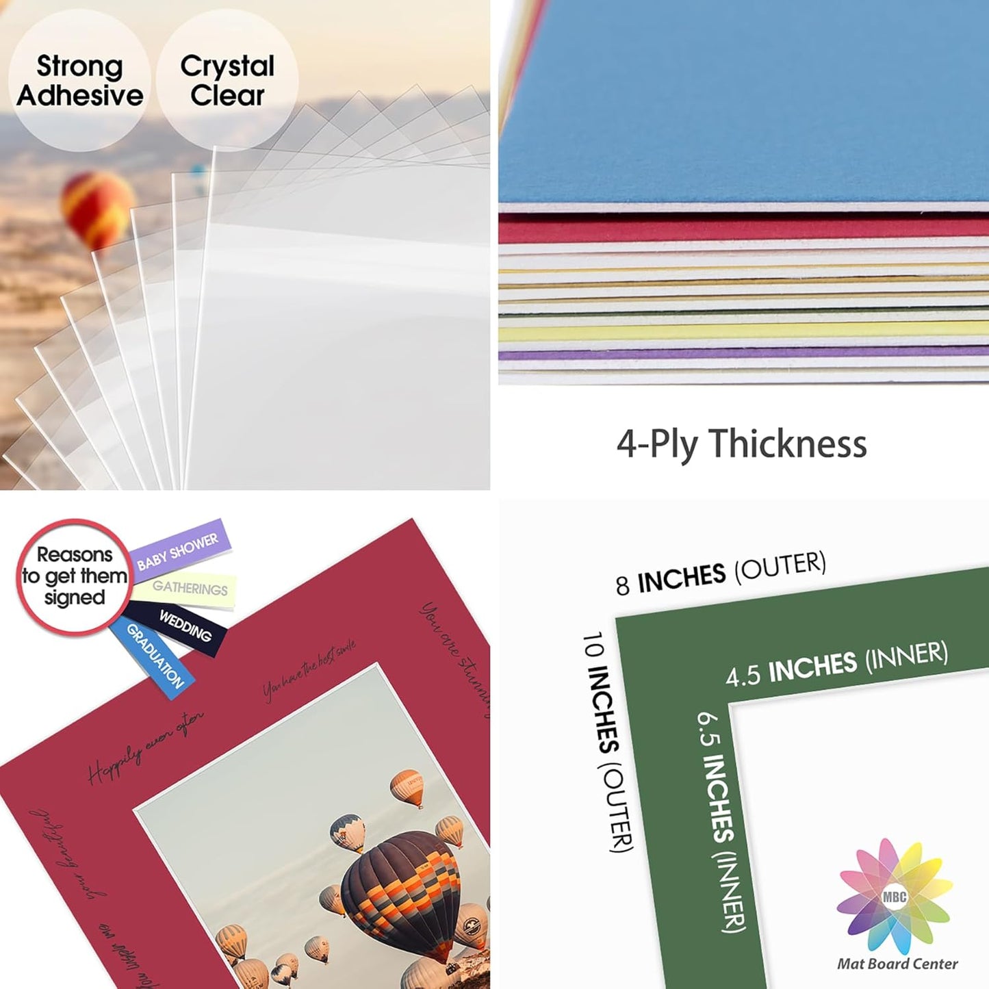 Mat Board Center, Pack of 25, 8x10 for 5x7 Mix Color Picture Mat Sets - Acid Free, 4-ply Thickness, Bevel Pre-Cut White Core - Includes Backing Boards and Clear Bags - for Pictures, Photos, Framing