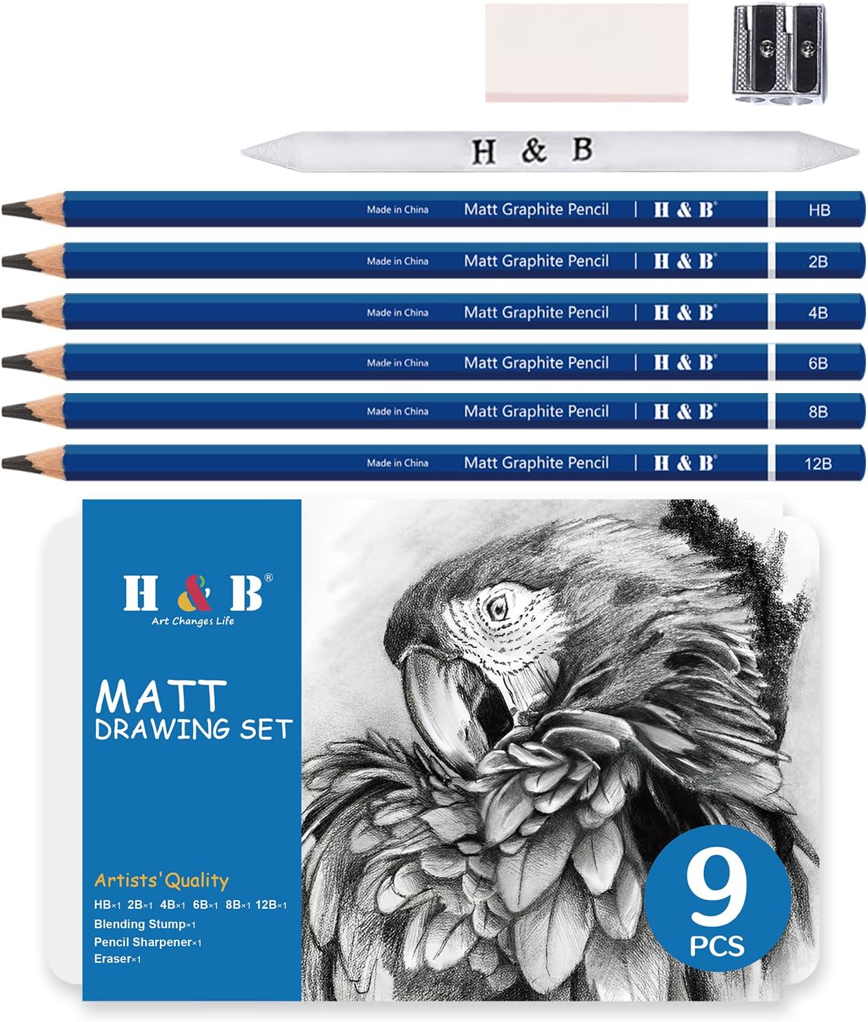 H & B Profession Sketch Pencils 9-Piece, Matte Sketch pencils, Sketch Pencil Set for Drawing, Shading, and Sketching for Beginners, Artists and professional artists