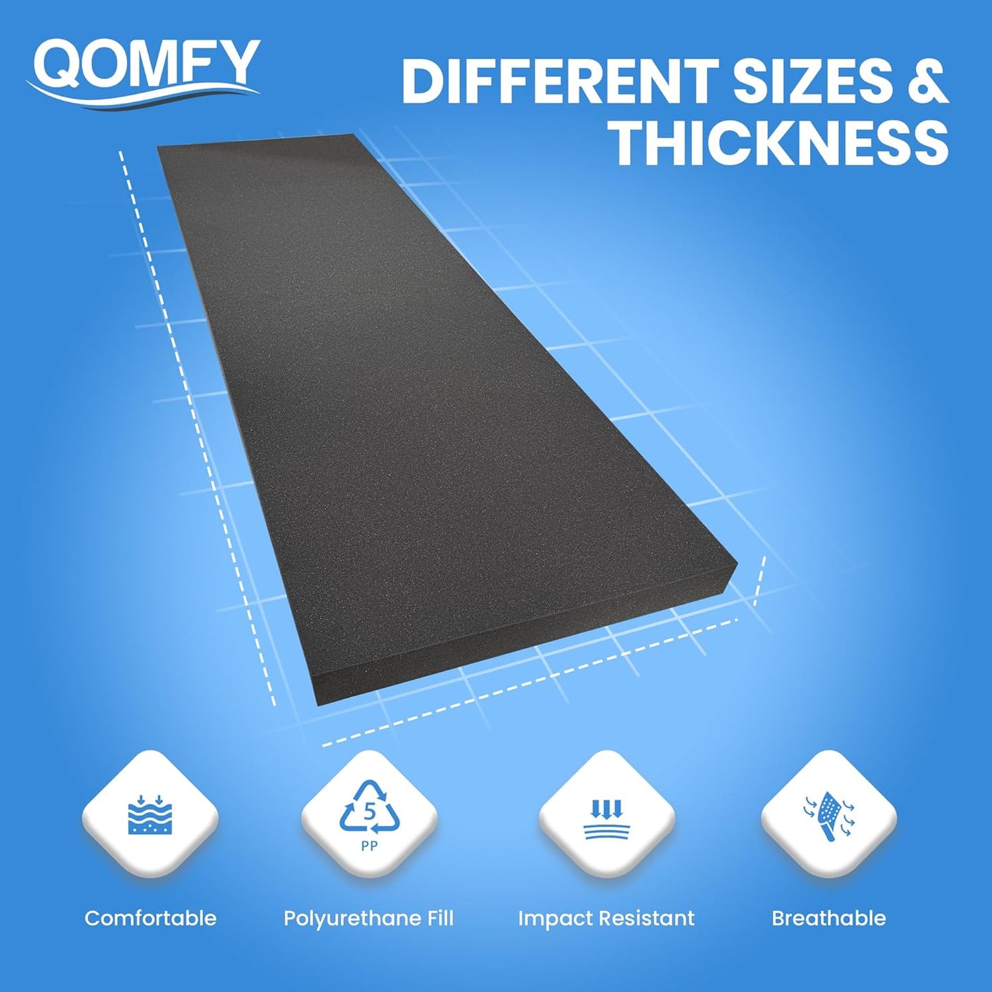 QOMFY 3" Height x 12" Width x 48" Length Charcoal Upholstery Foam Sheet | Made in USA | Multi-Purpose Foam for Upholstery, DIY, Packaging & Acoustic Projects