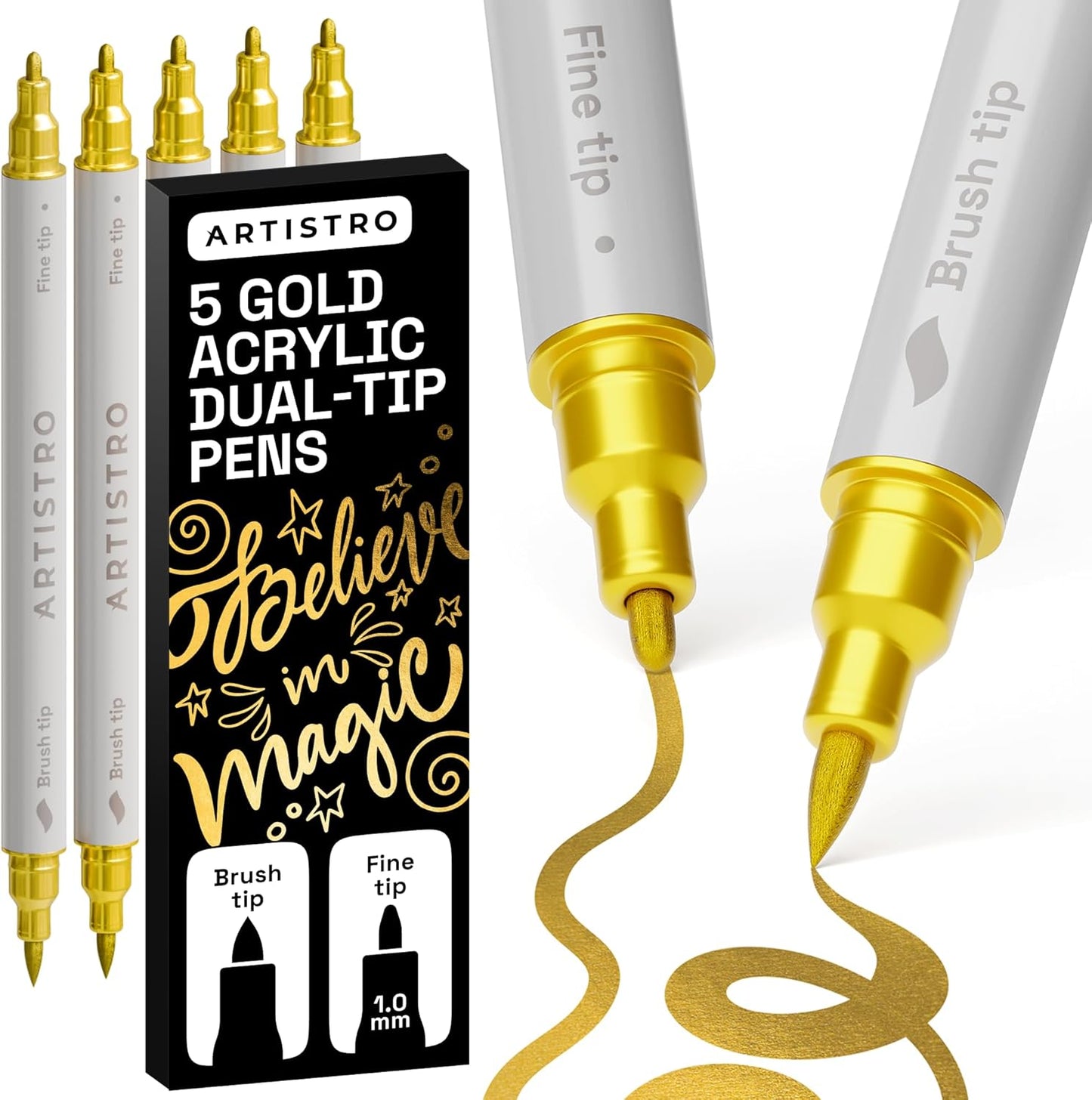 ARTISTRO 5 Gold Dual Tip Brush + Fine Acrylic Paint Markers - Easy for All Ages & Levels Paint Pens for Fabric, Rock, Glass, DIY - Halloween Pumpkin Painting Kit, Art Supplies, Christmas Gift