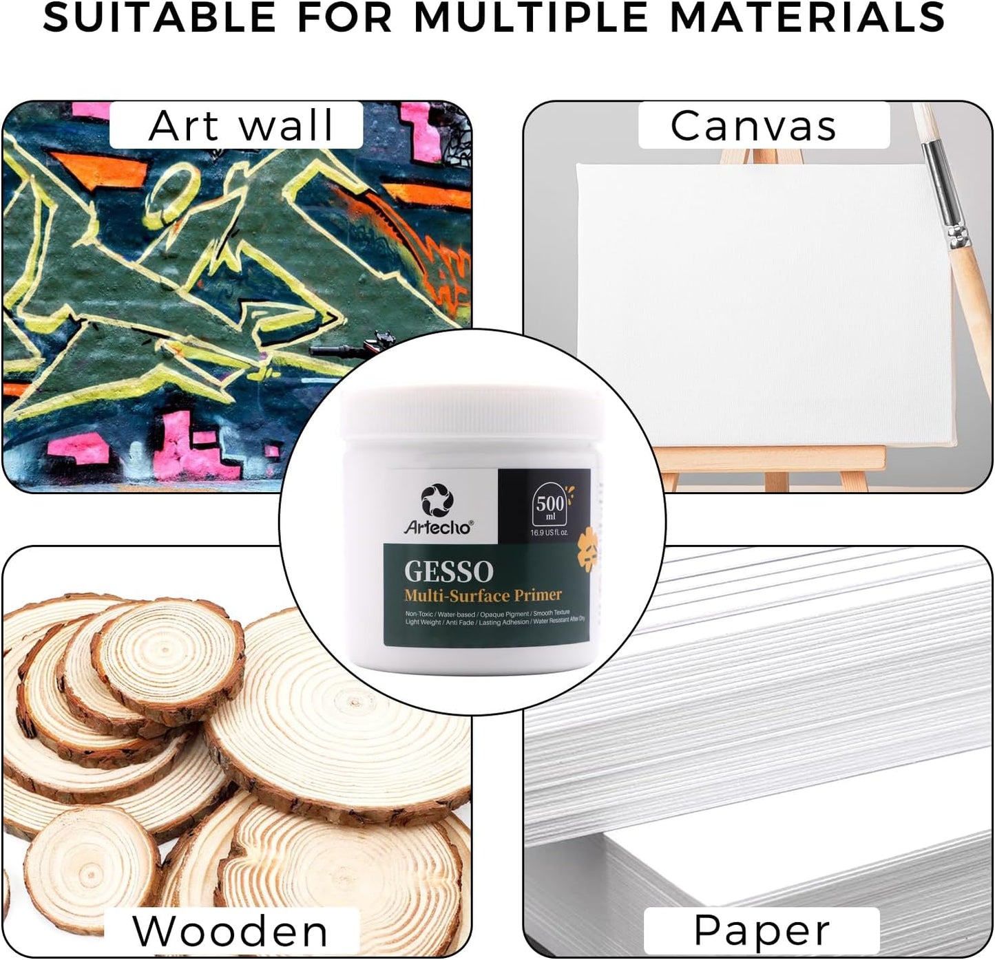Artecho White Gesso 16.9oz / 500ml, Gesso Primer for Acrylic Painting