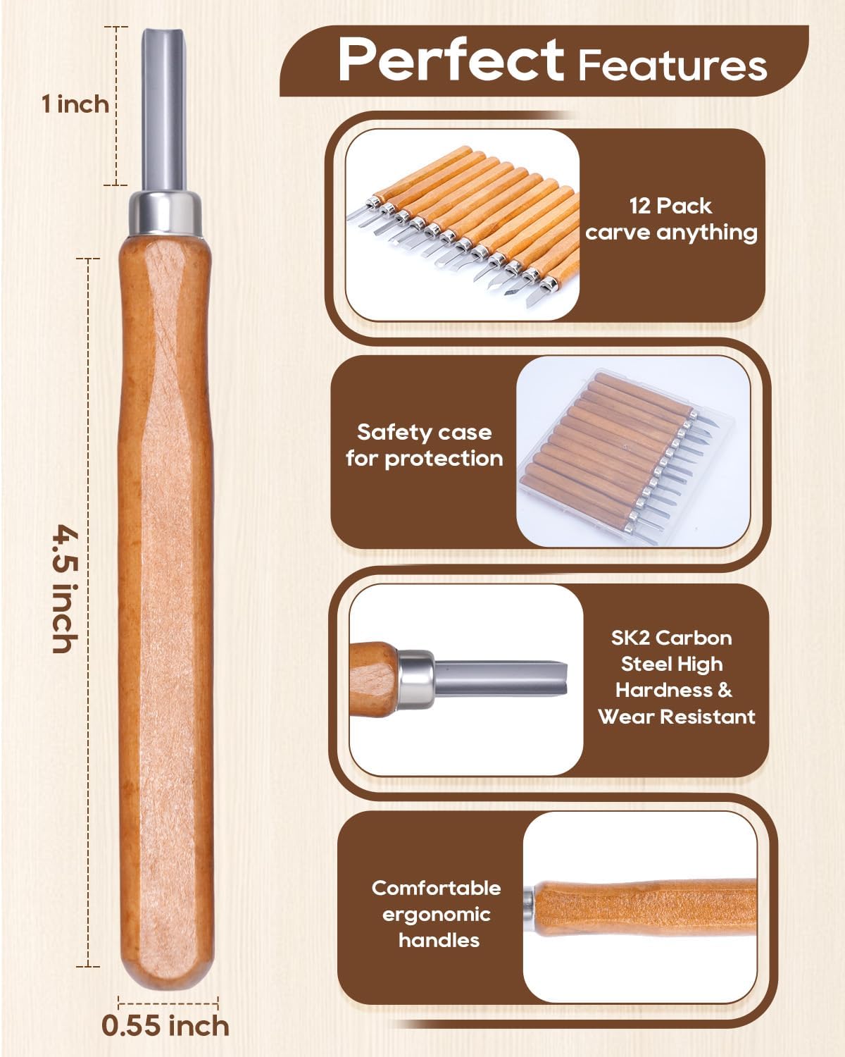 UCEC 12 Pack Linocut Wood Carving Tools Set Linoleum Hand Wood Carving Kit Whittling Knives V-chisel Angled Gouge Half Round Woodcarving Tools Set Whittling Kit for Linocut Printmaking Supplies Gift