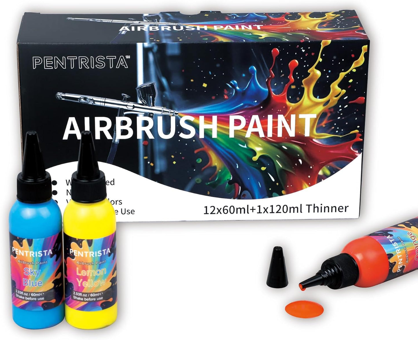 Airbrush Paint Set,12 Colors(2.03oz, 60 ml) with 4.06oz Thinner,Ready to Spray Air brush Paint, Water-Based Acrylic Airbrush Set for Nails,Models,Hobbyist and Artists