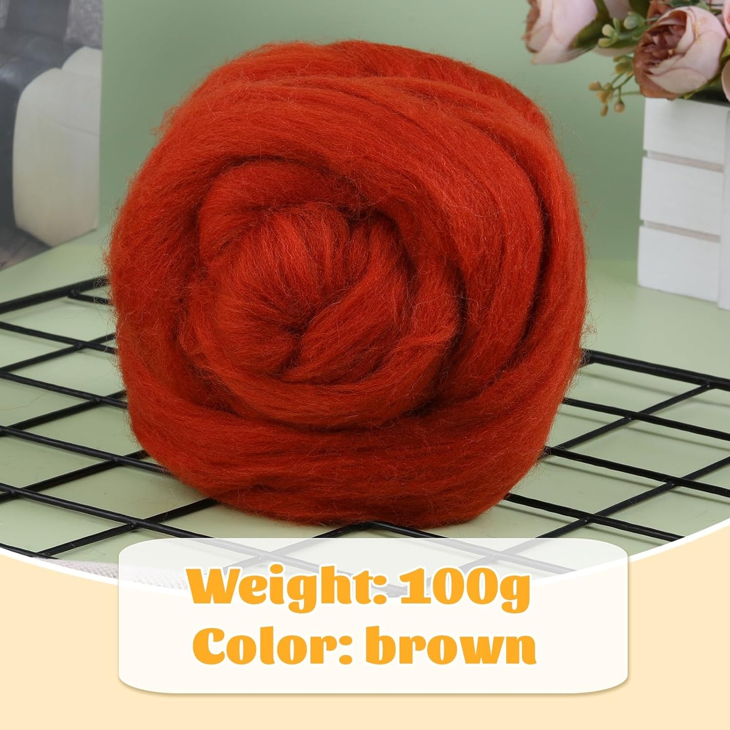 3.53oz Wool Roving Yarn, Fiber Roving Wool Top, Pure Wool, Chunky Yarn, Spinning Wool Roving for Needle Felting Wet Felting DIY Hand Spinning (red-Brown)