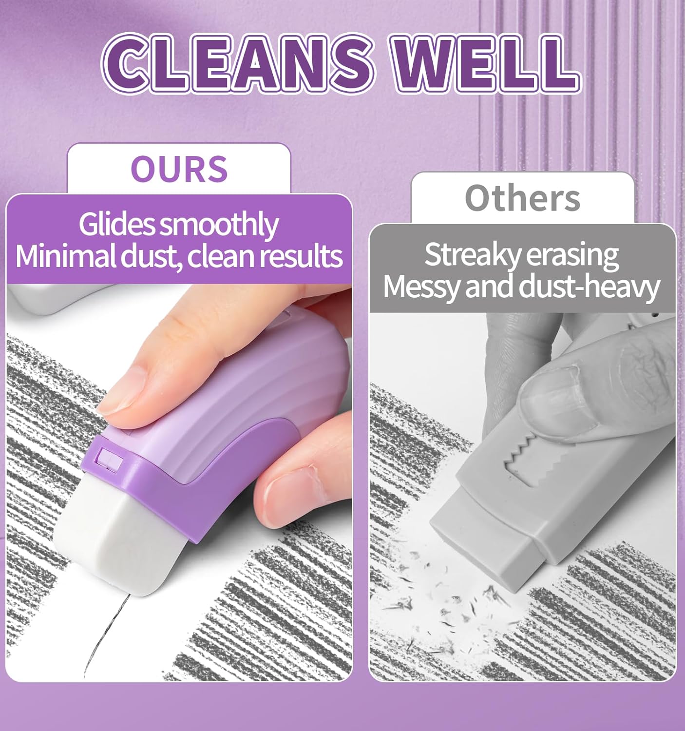 4+1 Pack Rubber Erasers Sliding Retractable Eraser, Large White Erasers for School Office Art Drawing Pencil Eraser for Kids- Purple