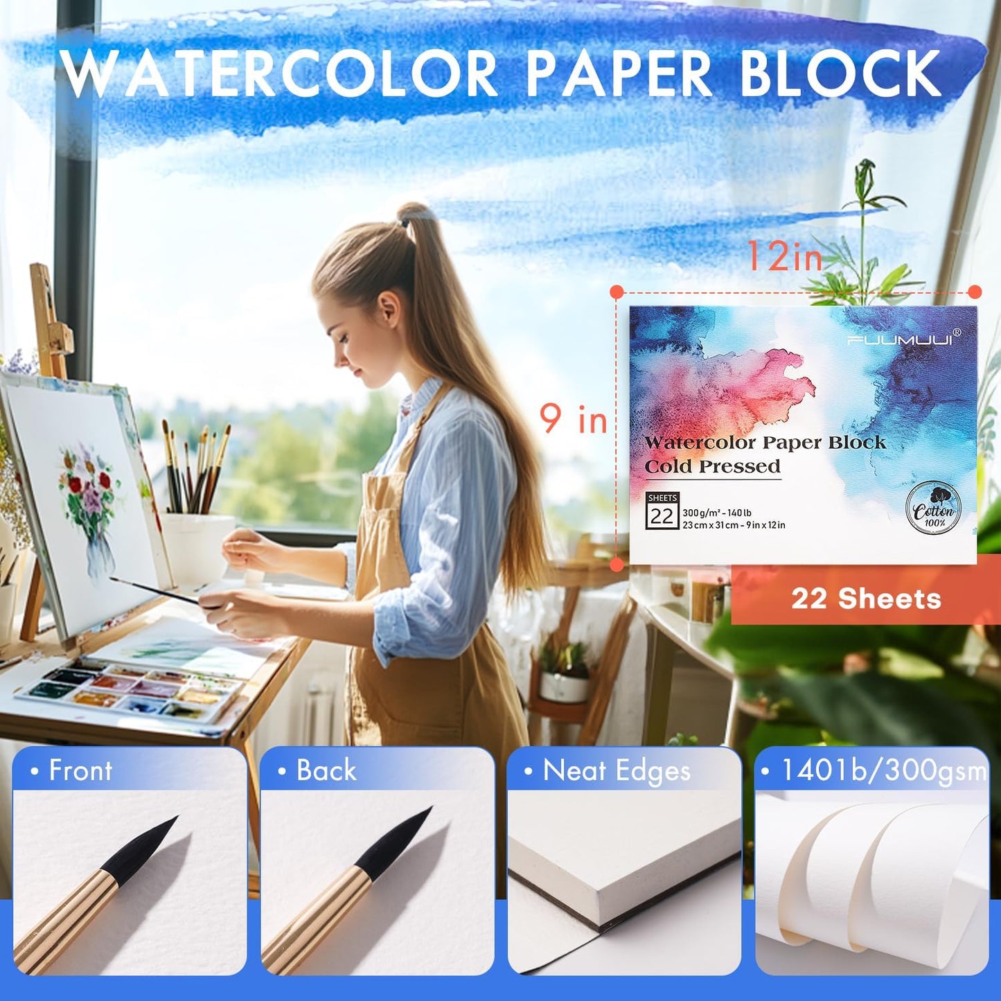 Watercolor Paper Block 9x12 Inch, Fuumuui 100% Cotton Paper Pad, 22 Sheets, Cold Pressed, Acid-Free, 140 lb/300gsm for Painting, Drawing, Art Journaling, Professional Artist Quality