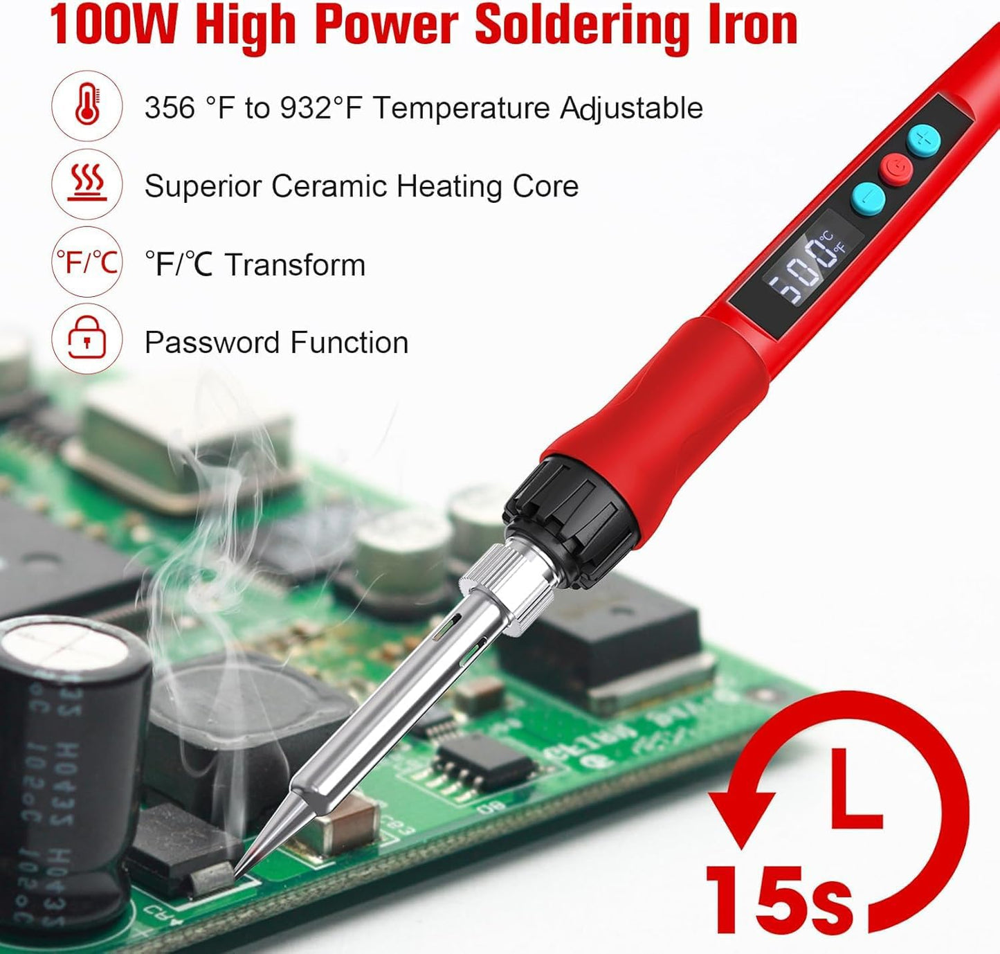Soldering Iron Kit, 100W LED Digital Solder Gun kits with Ceramic Heater, Adjustable Temperature Welding Tools with Tips, Wick Braid, Stand, Solders Wire, Sponge, Flux Paste, Red