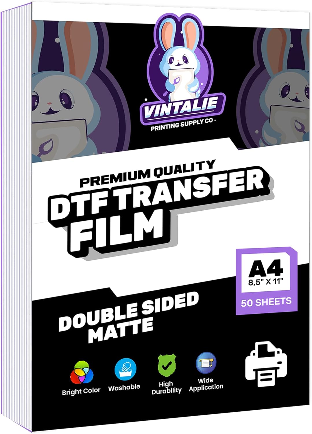 Vintalie DTF Transfer Film – A4 (8.5”x11”)50 Sheets Premium Matte Double Sided DTF Film PET Transfer Paper Direct to T Shirts