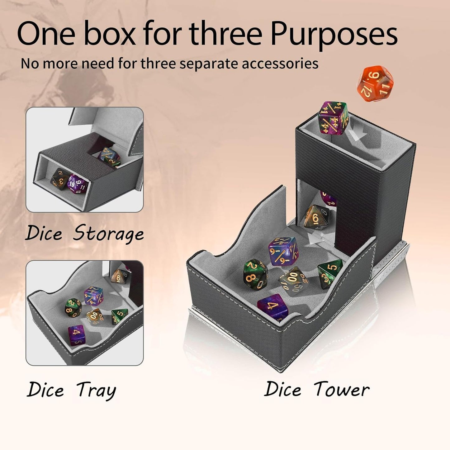 Dice Tower and Tray, Portable Commander Deck Box, Foldable Dice Storage Box for Dungeons and Dragons Rolling Tray Black/Grey