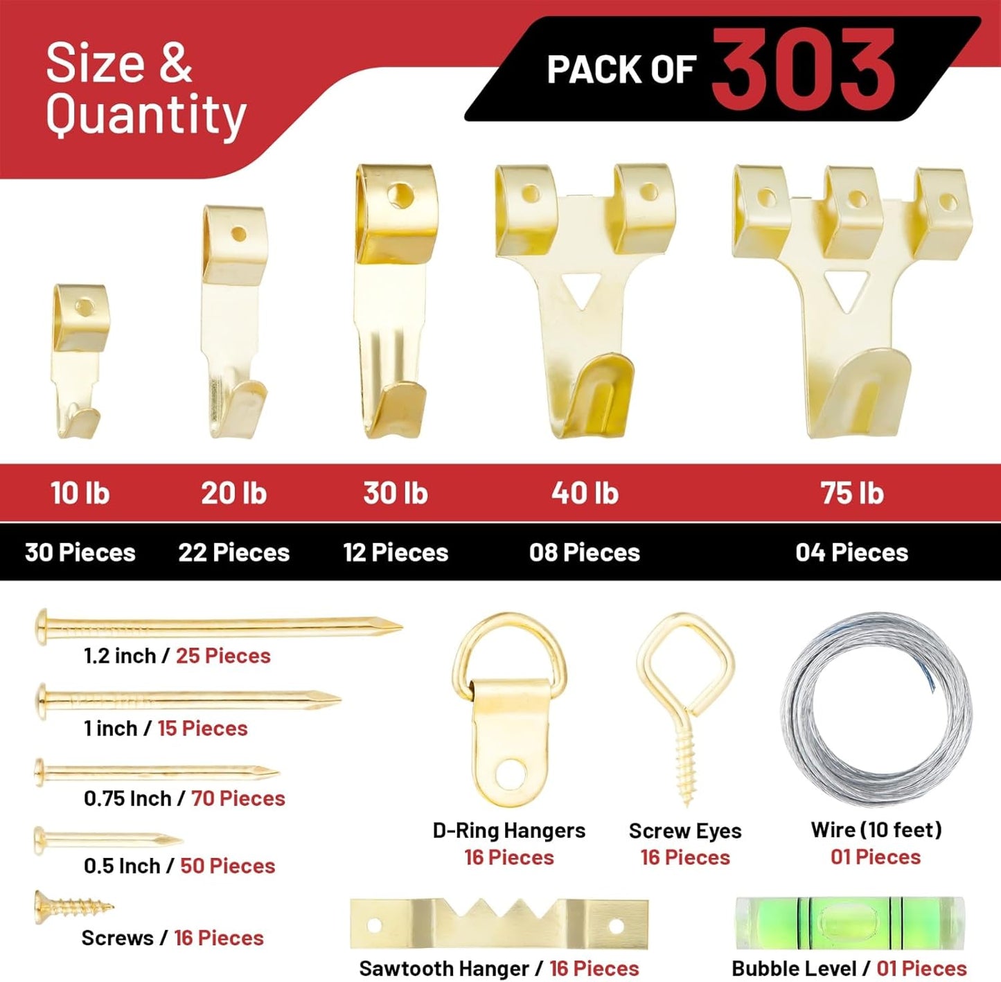 303-Piece Picture Hanging Assortment, Heavy Duty Hooks, Nails, Sawtooth, D-Rings, Wire, Level, and Metal Wall Hooks for Picture Framing and Canvas Mounting (Gold)