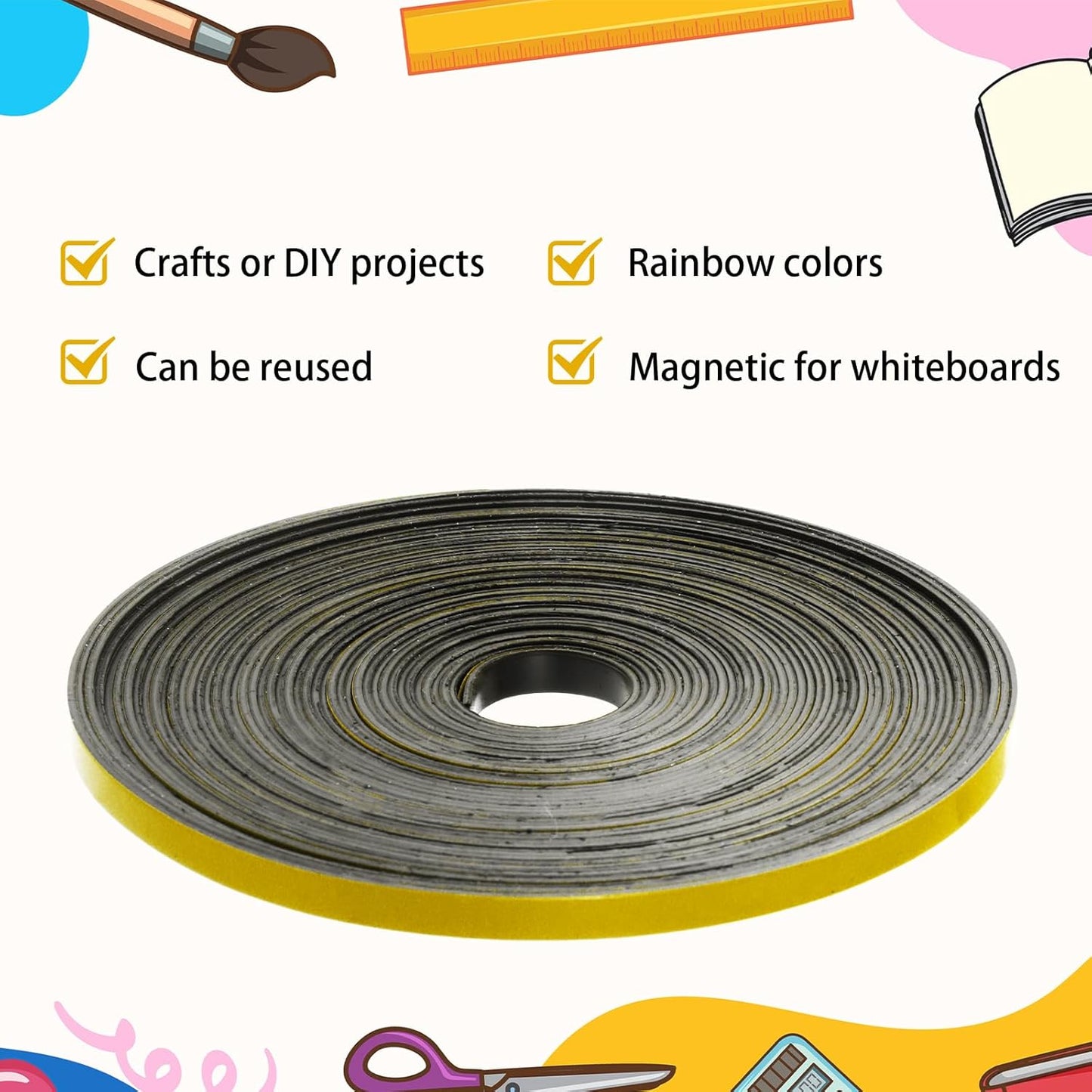 Magnetic Tape Roll Thin Strips, 1/4 Inch x 33 Feet Magnetic Board Dividers Whiteboard Graphic Decorative Tape Marking Line for Classroom Office Art Accessories(Yellow)