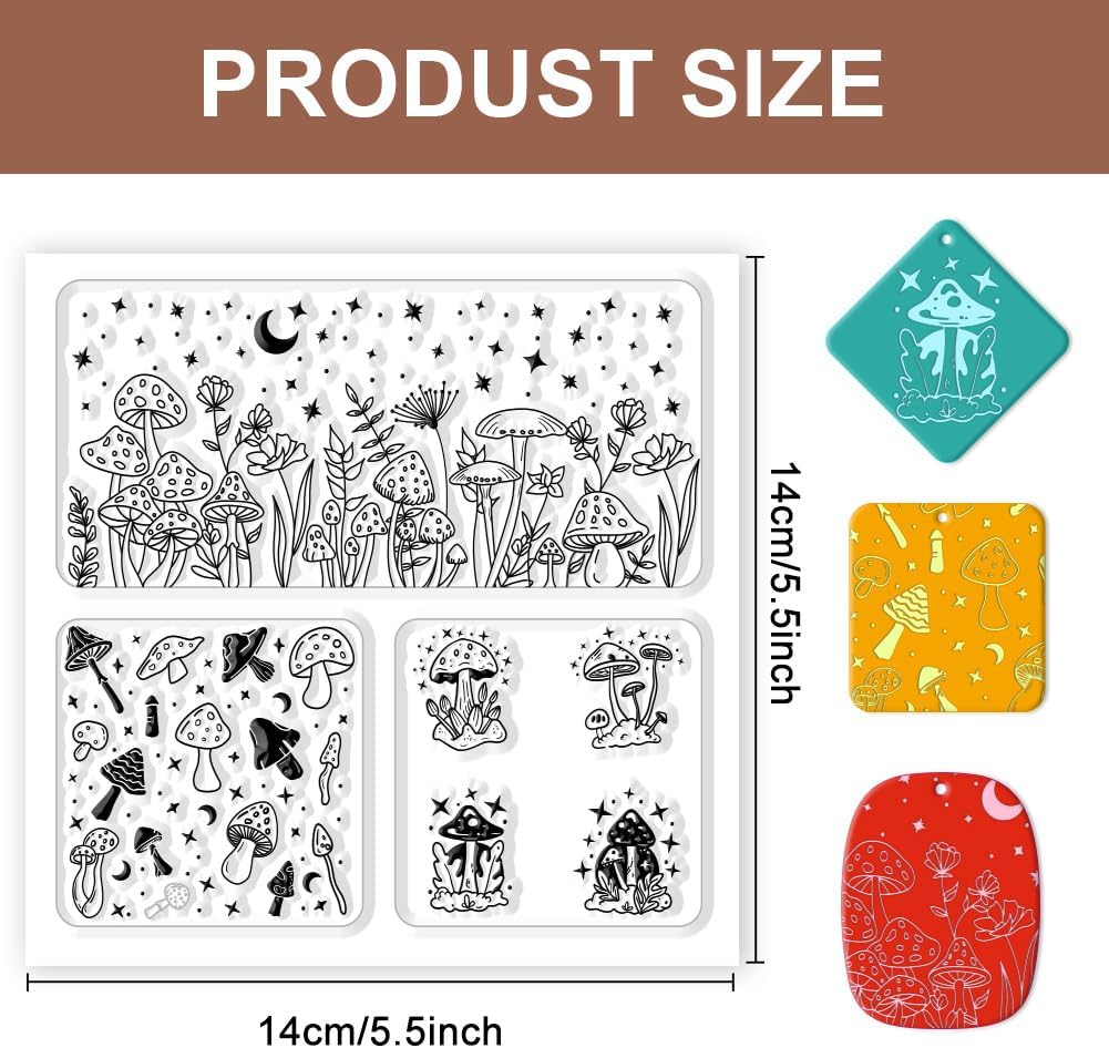CHGCRAFT Polymer Clay Texture Sheet Mushrooms Silicone Texture Stamp Stars Flowers Clay Texture Mat Modeling Pattern Pad Polymer Clay Tools for Jewelry Earring Making DIY Craft, 5.5x5.5inch