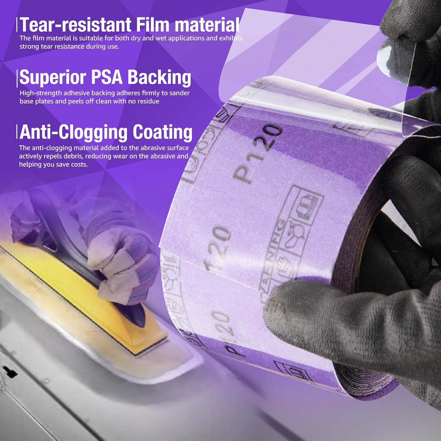 120 Grit PSA Purple Film Ceramic Sandpaper Roll, 2-3/4" Wide Continuous 10 Yard Longboard Sanding Roll Wet Dry Sanding Blocks Self Adhesive Sticky Back Sanding Sheets for Woodworking Automotive