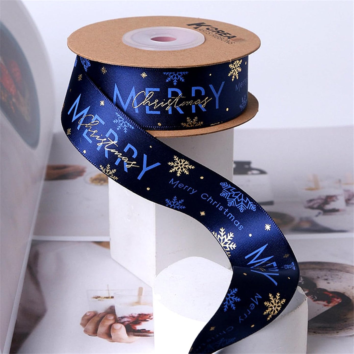 Christmas Gift Wrapping Ribbon, Red, Green, 2 Rolls Printed Grosgrain Ribbons for Crafts, Floral Bouquets, Sewing, Party and Festive Holiday Decor (2 Rolls(Blue/Red), 1 Rolls=1in * 5Yards)