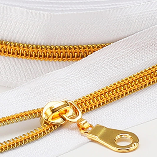 Sawoake 10 Yards Bulk Zipper(#5), White Nylon Coil Zipper with Gold Teeth by The Yards, Replacement Sewing Zipper with 10PCS Zipper Sliders for DIY Sewing Craft Bags(#5 Gold White)